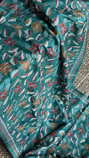 Pure Tussar Silk Kantha Stitch -  Dark Green Multi Color