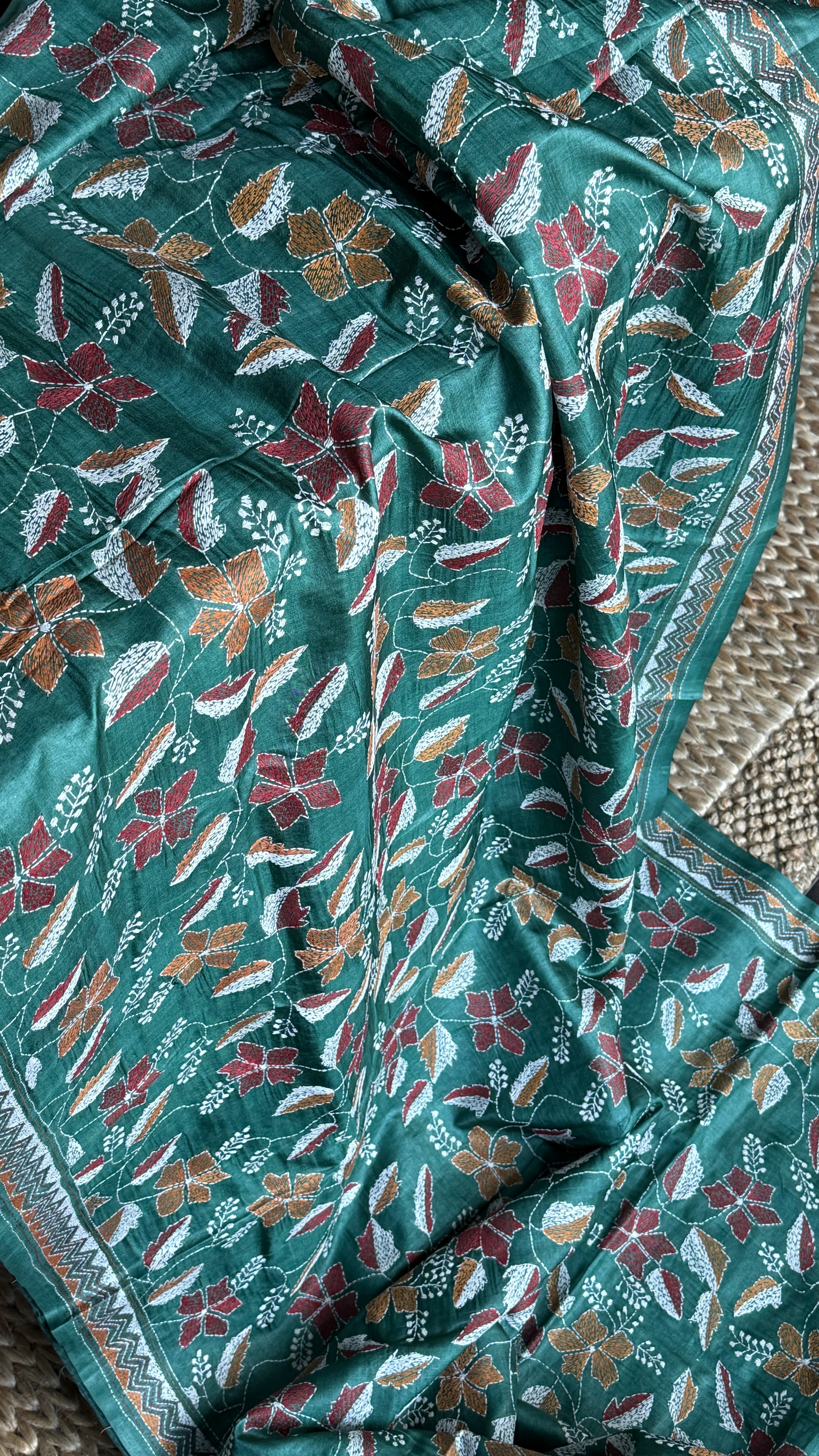 Pure Tussar Silk Kantha Stitch -  Dark Green Multi Color