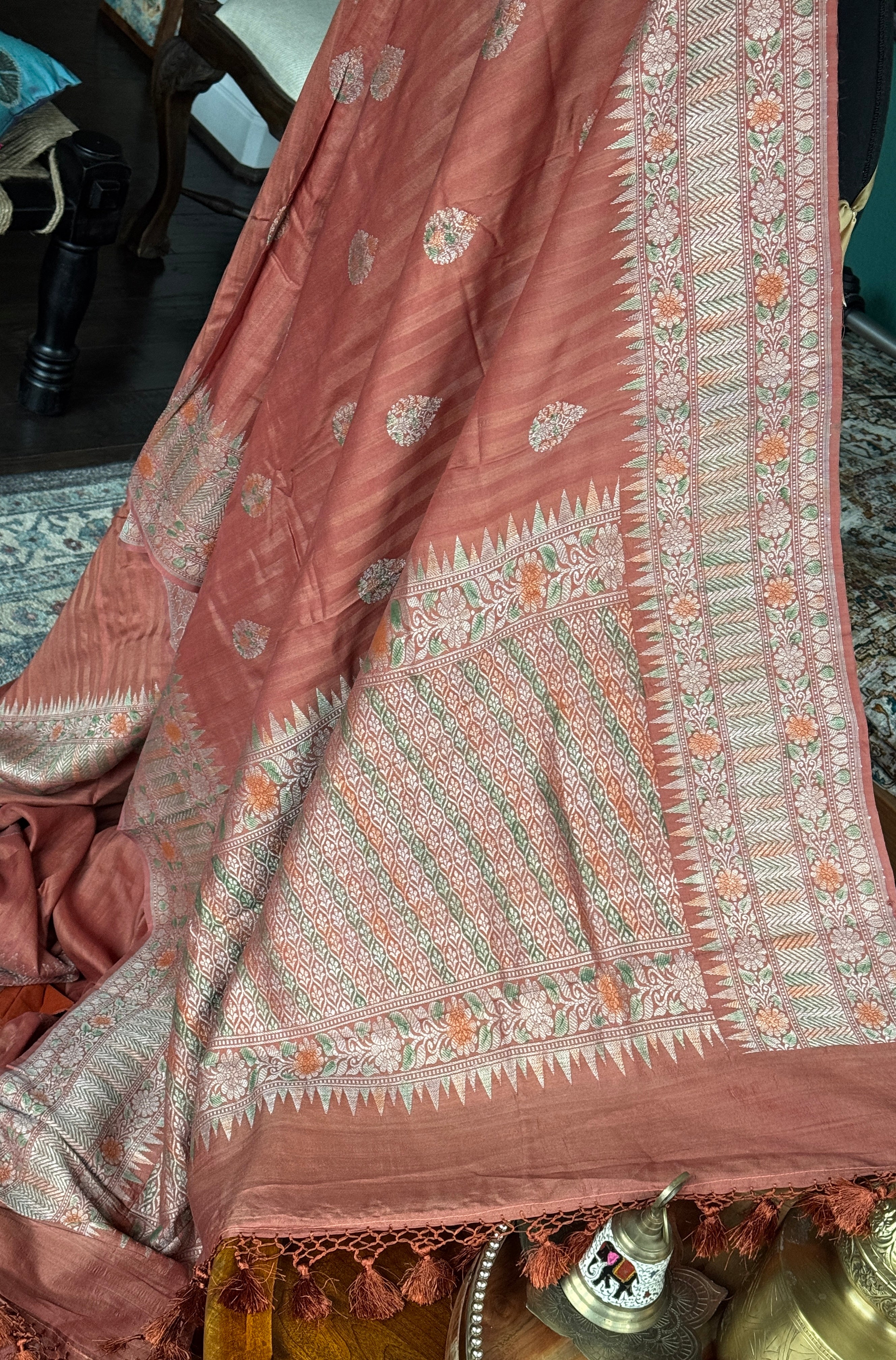 Tussar Silk Banarasi - Rust Orange Striped Antique Zari