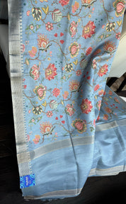 Designer Tussar Floral - Light Blue