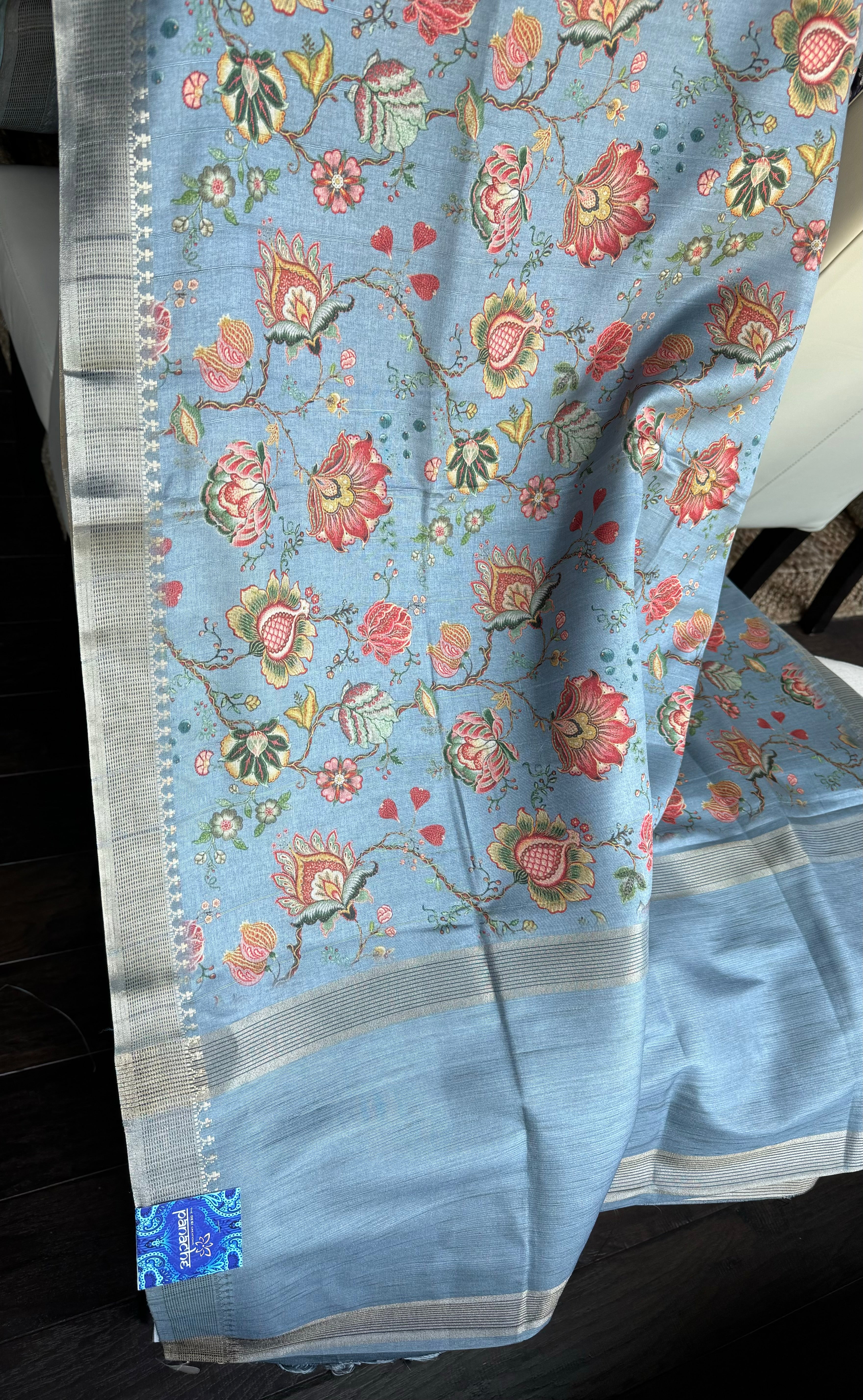 Designer Tussar Floral - Light Blue