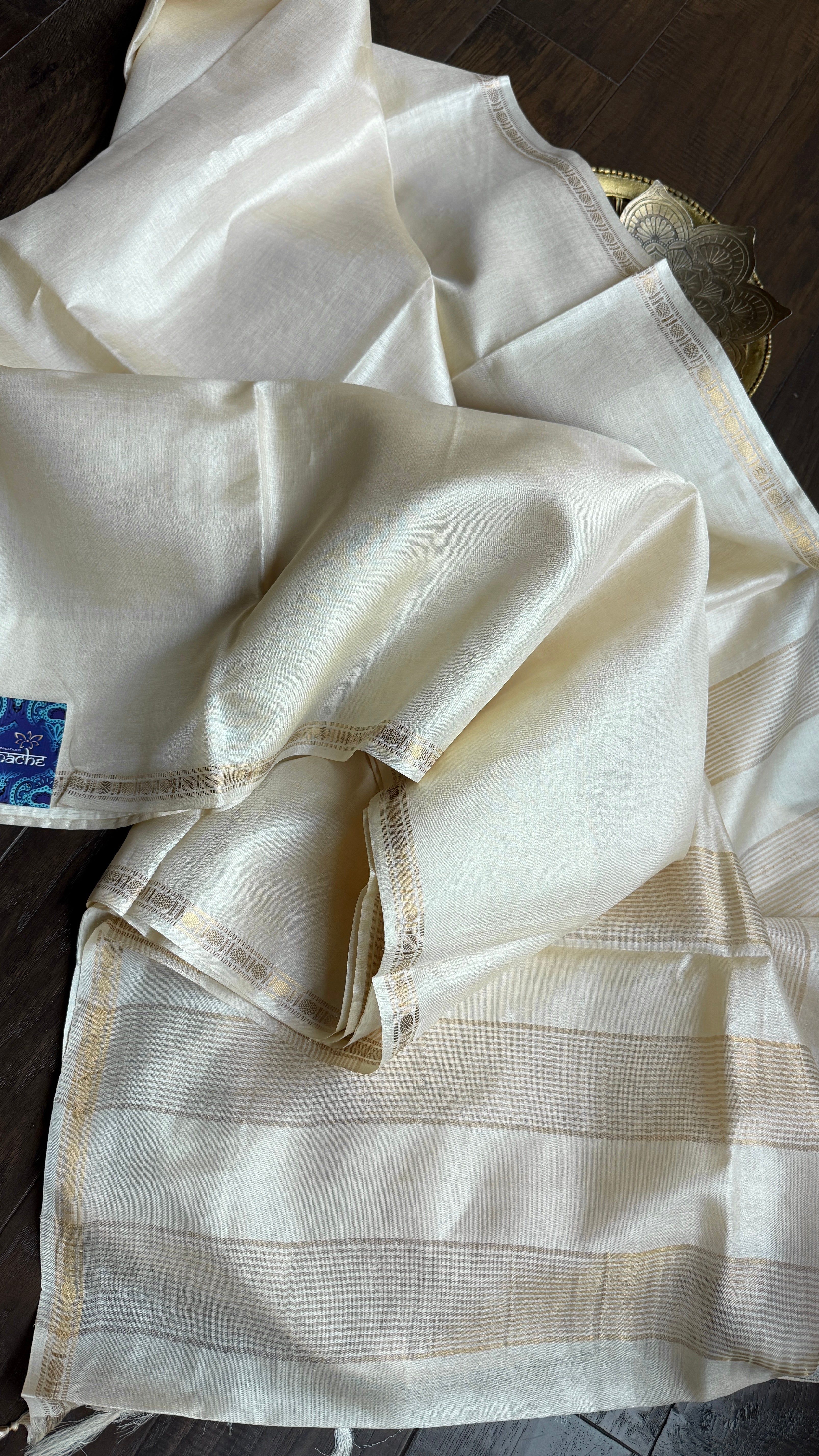 Pure Tussar Silk - Cream Beige Golden Zari Woven1
