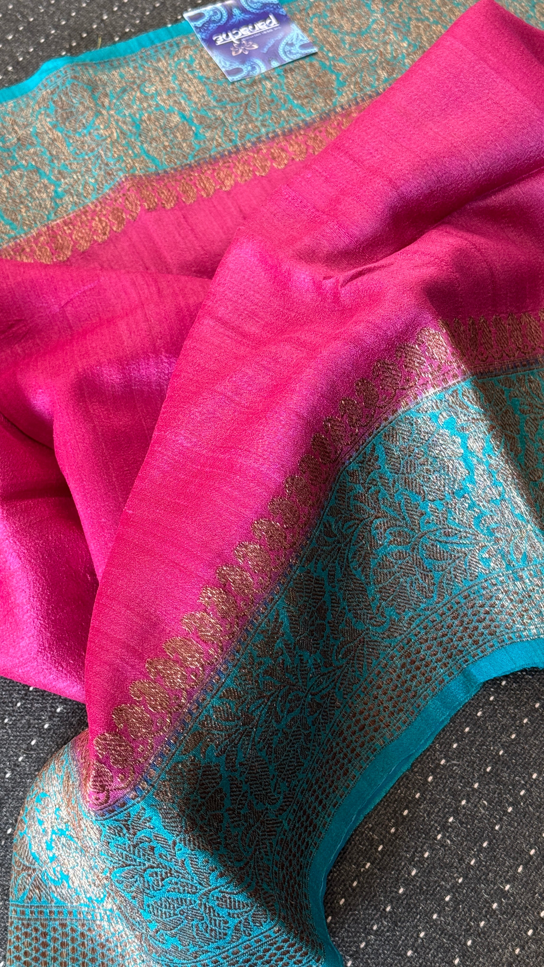 Tussar Silk Banarasi - Magenta Pink Firozi Antique Zari