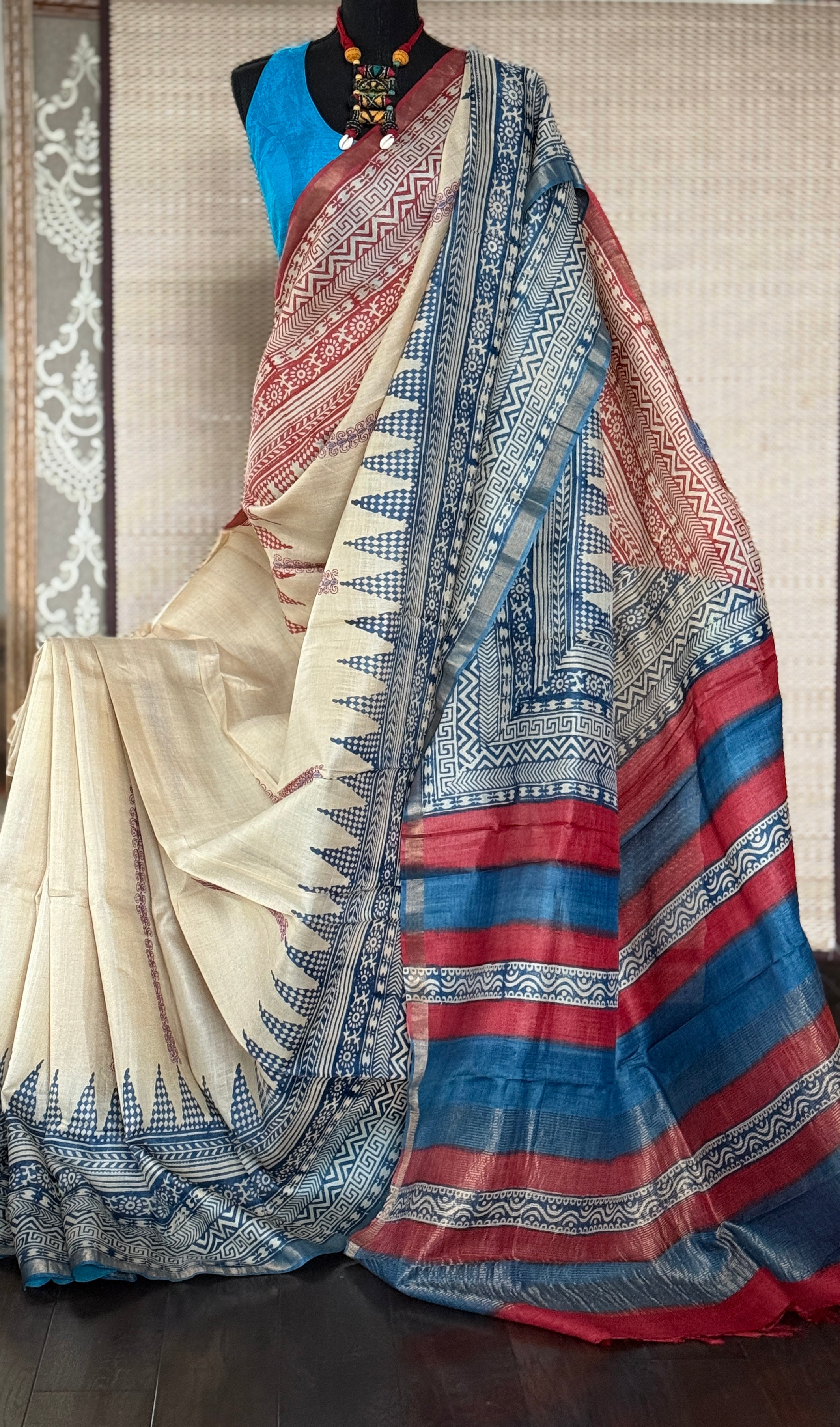 Printed Tussar Silk Kantha Stitch - Beige Blue Red
