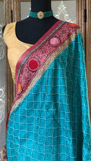 Kantha Stitch Printed Tussar Silk - Firozi Blue