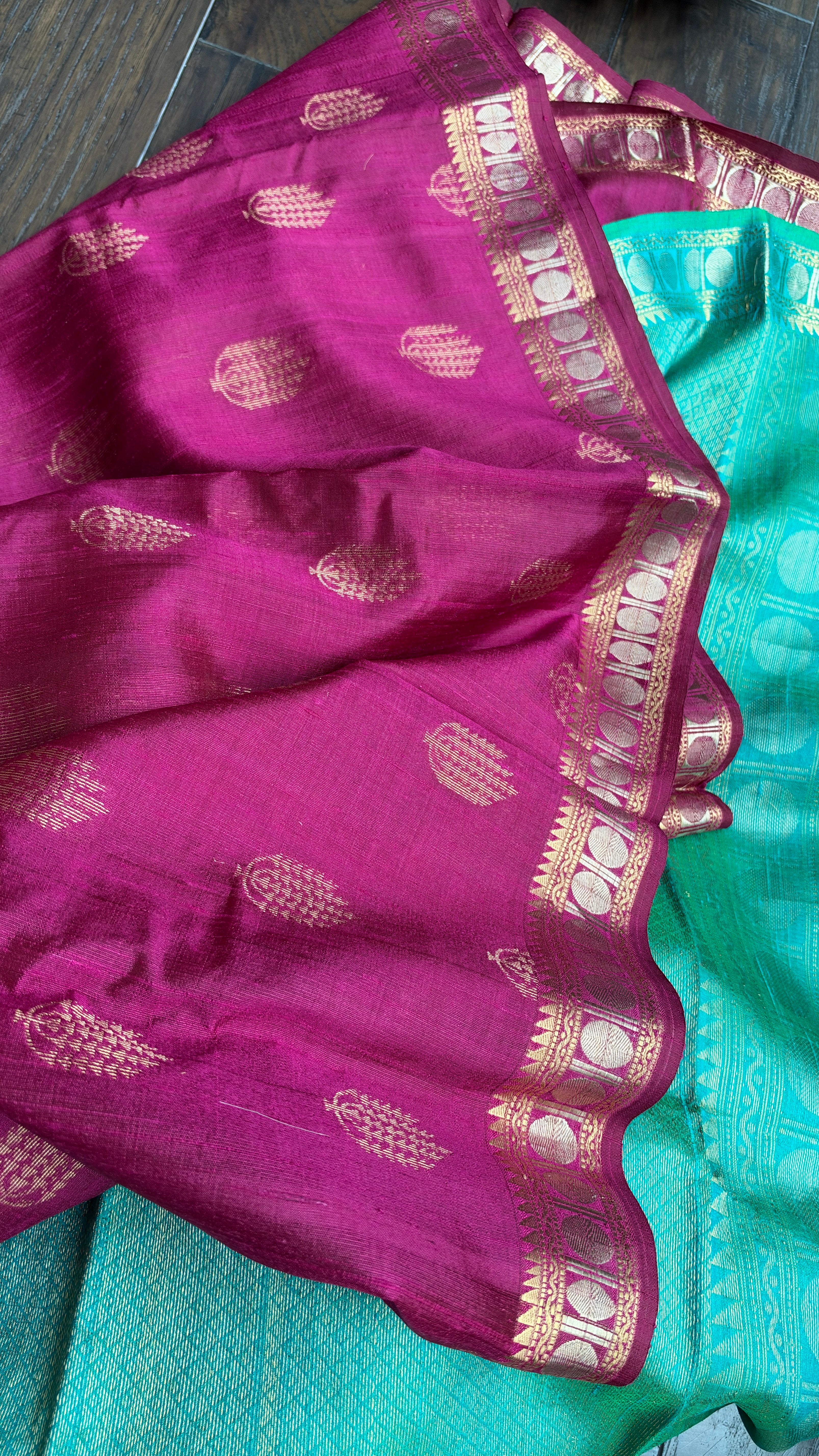 Raw Silk Banarasi - Magenta Sea Green