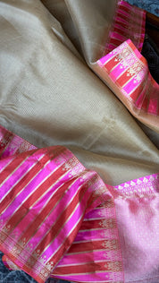 Organza Katan Silk Banarasi -  Tan Pink Orange Checkered