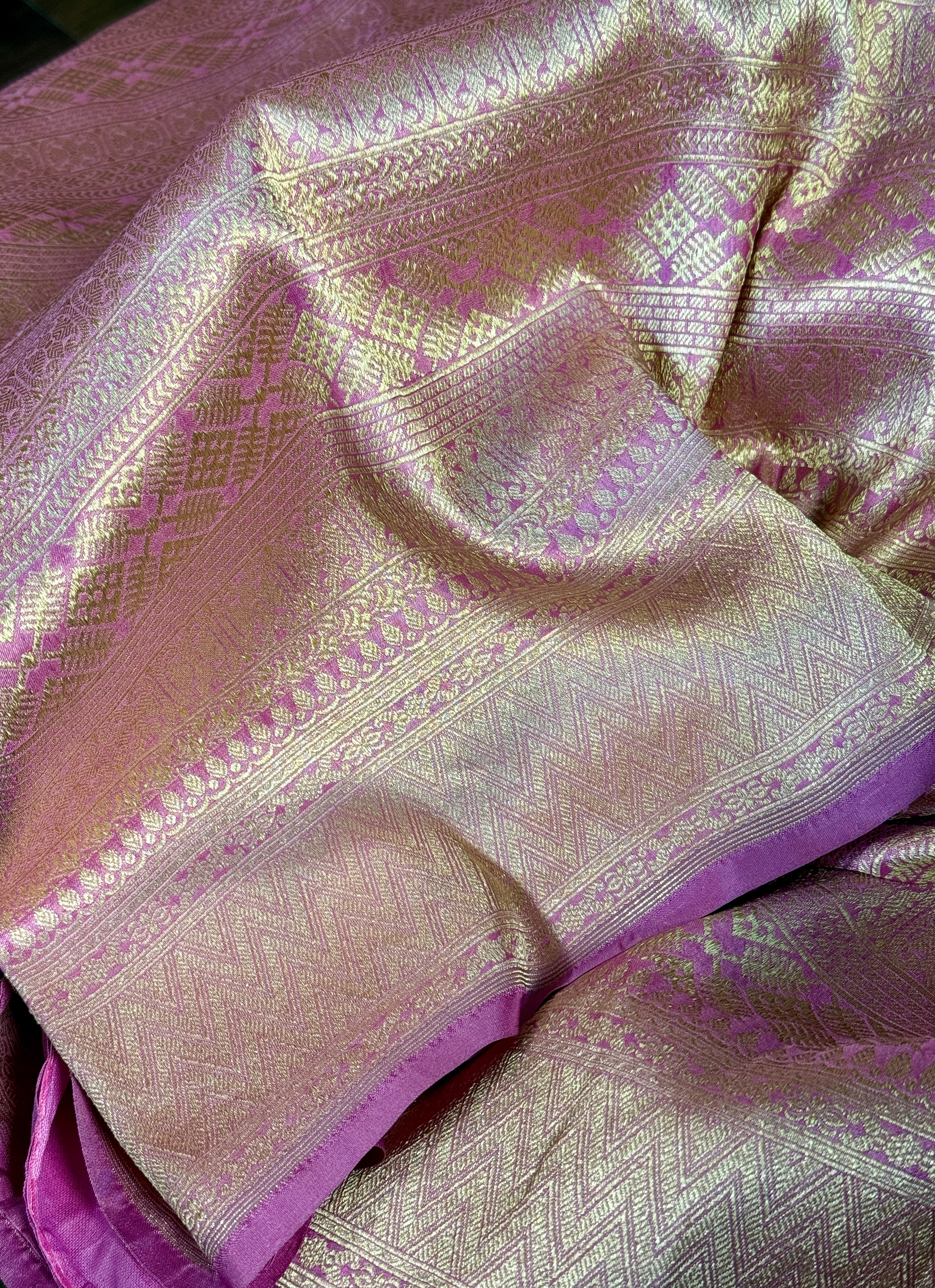 Pure Silk Brocade Banarasi- Light Onion Pink Golden Zari