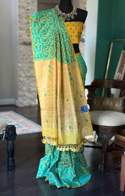 Pure Silk Contemporary Paithani Banarasi- Sea Green Yellow