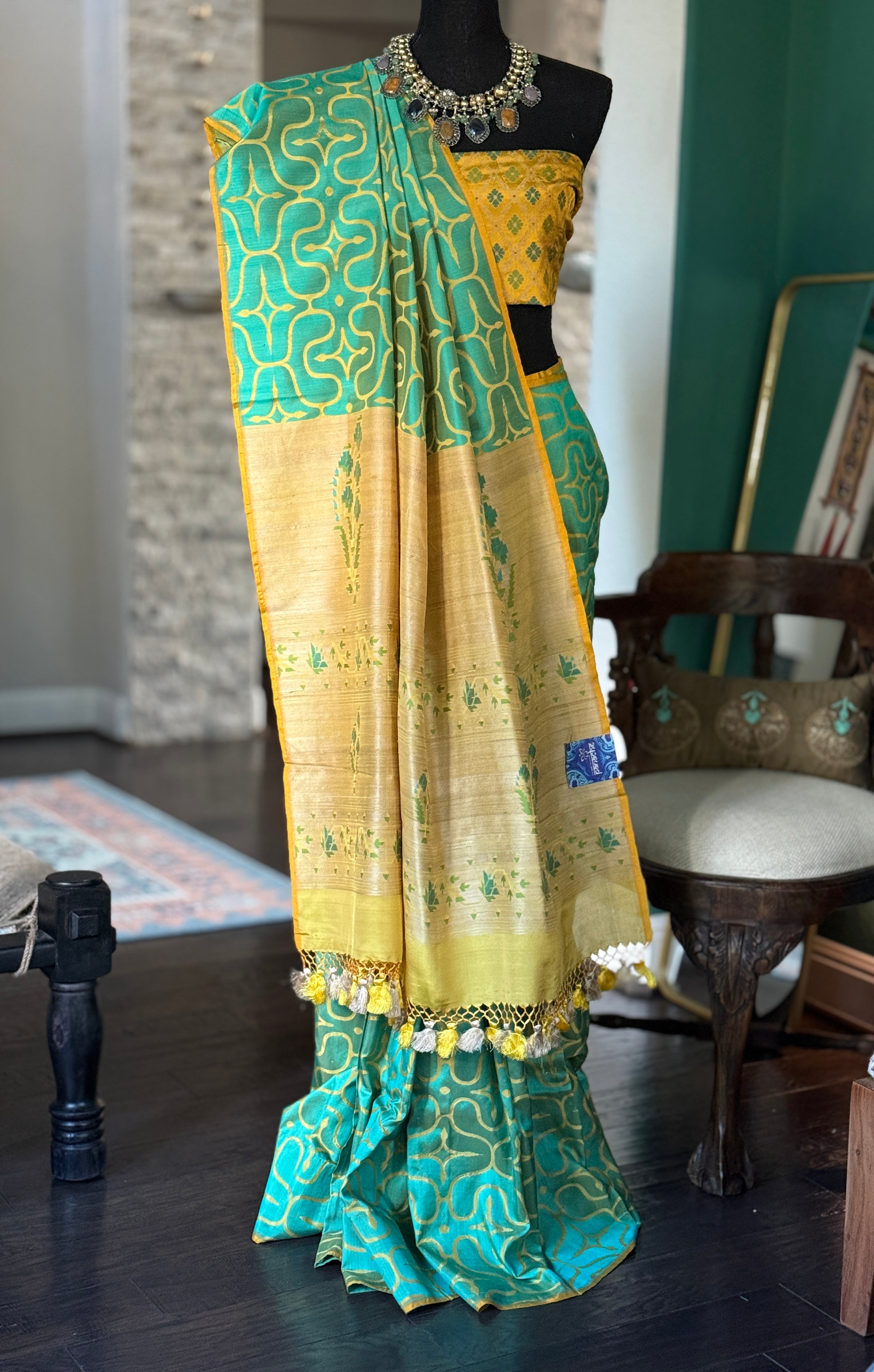 Pure Silk Contemporary Paithani Banarasi- Sea Green Yellow