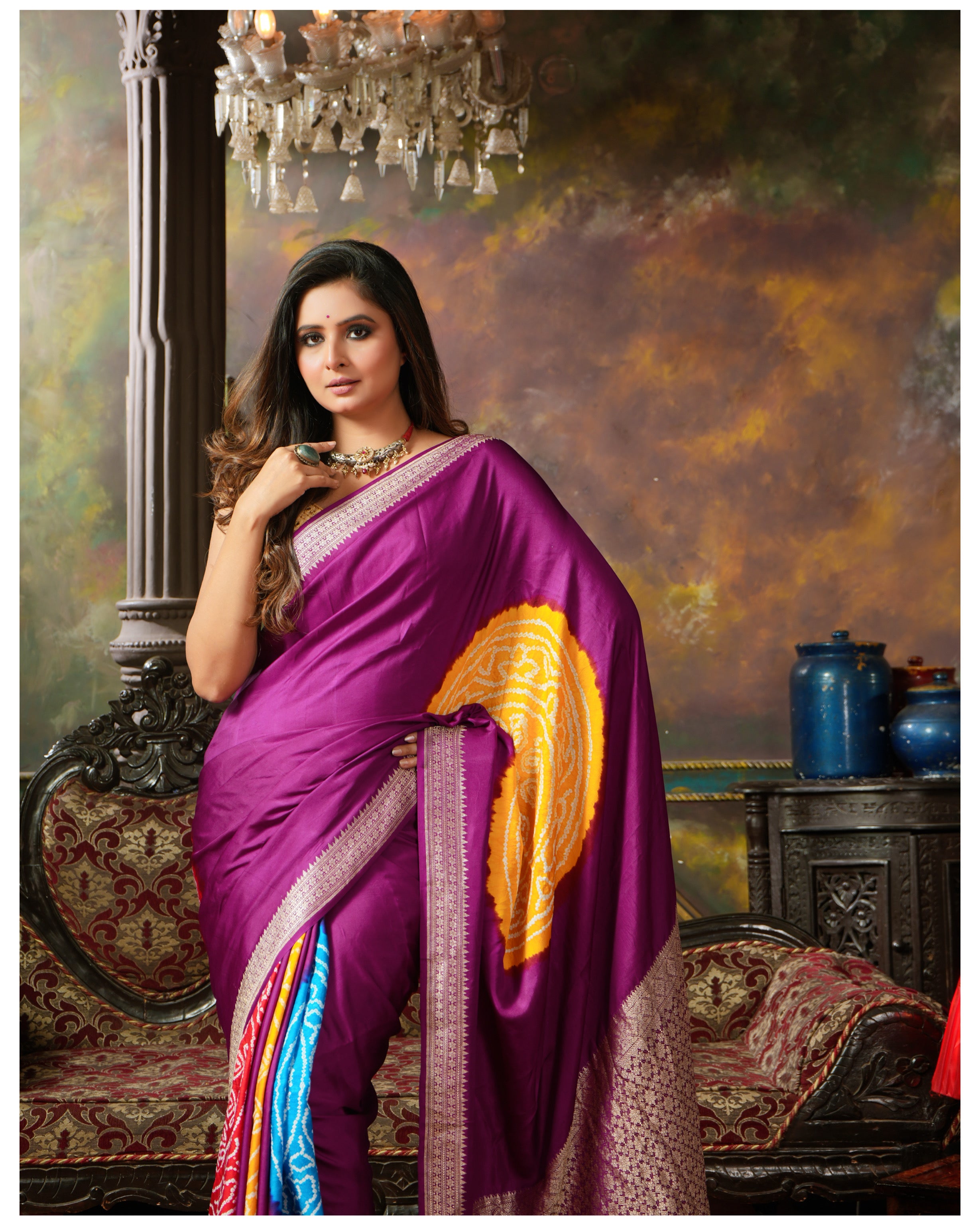 Pure Silk Mashru Bandhej Banarasi- Purple Multi color