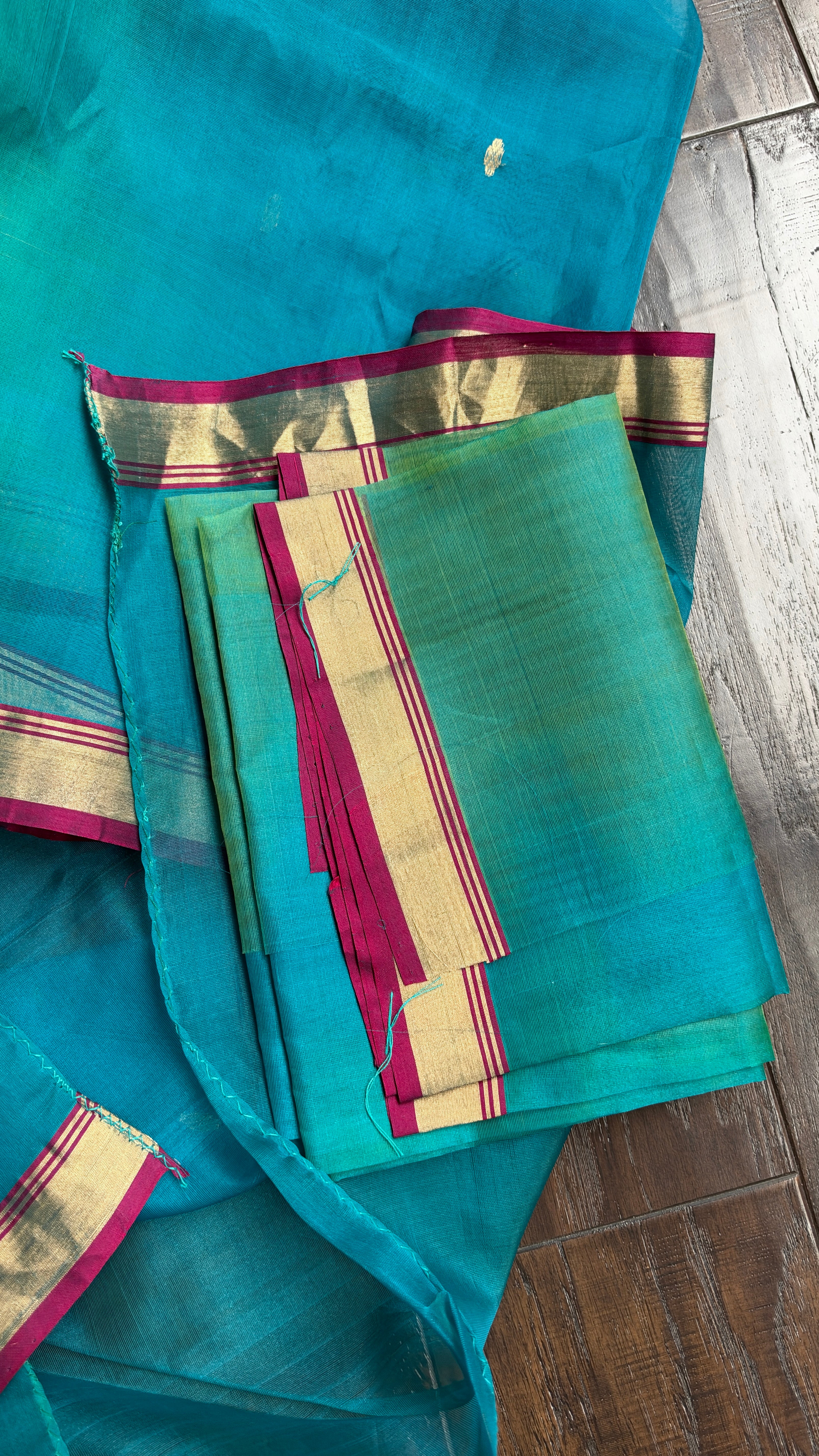 Pure Chanderi Organza Silk - Firozi and Green Shaded