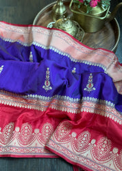 Pure Silk Katan Banarasi- Ourple Red Blue Kadhua