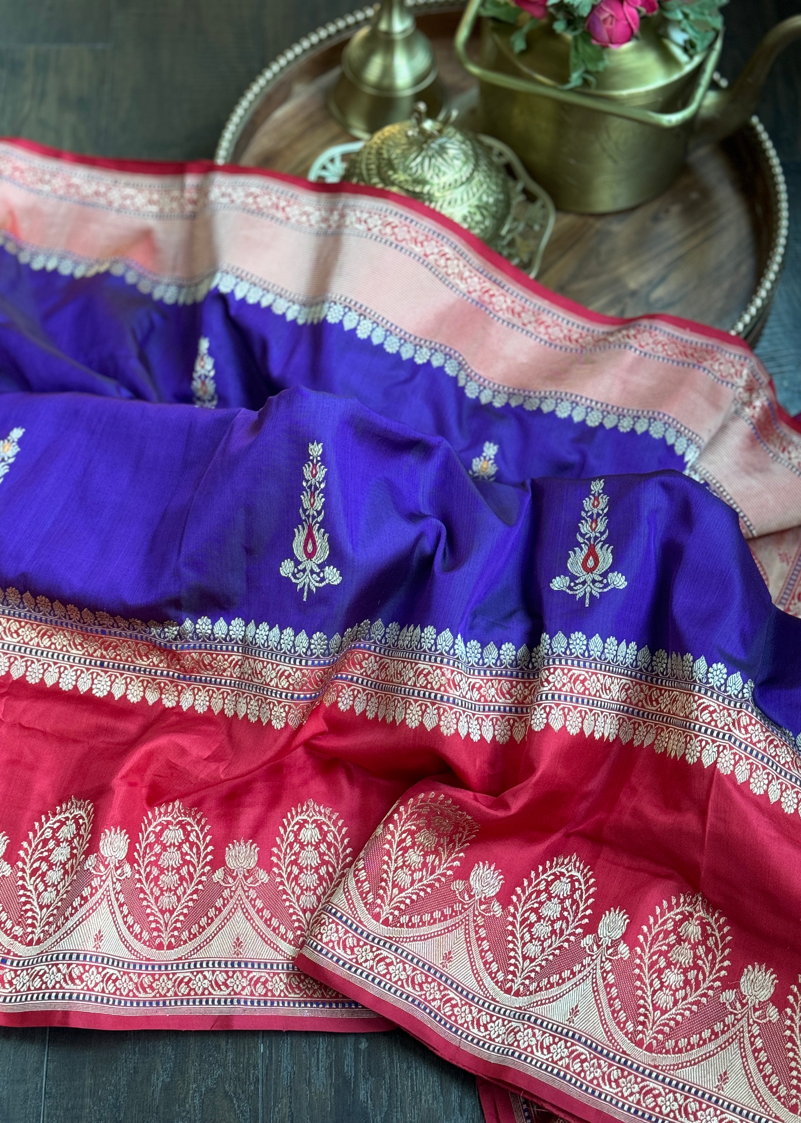 Pure Silk Katan Banarasi- Ourple Red Blue Kadhua