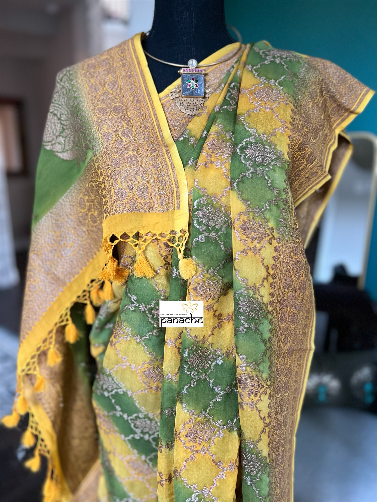 Khaddi Georgette Banarasi - Yellow Green Shaded