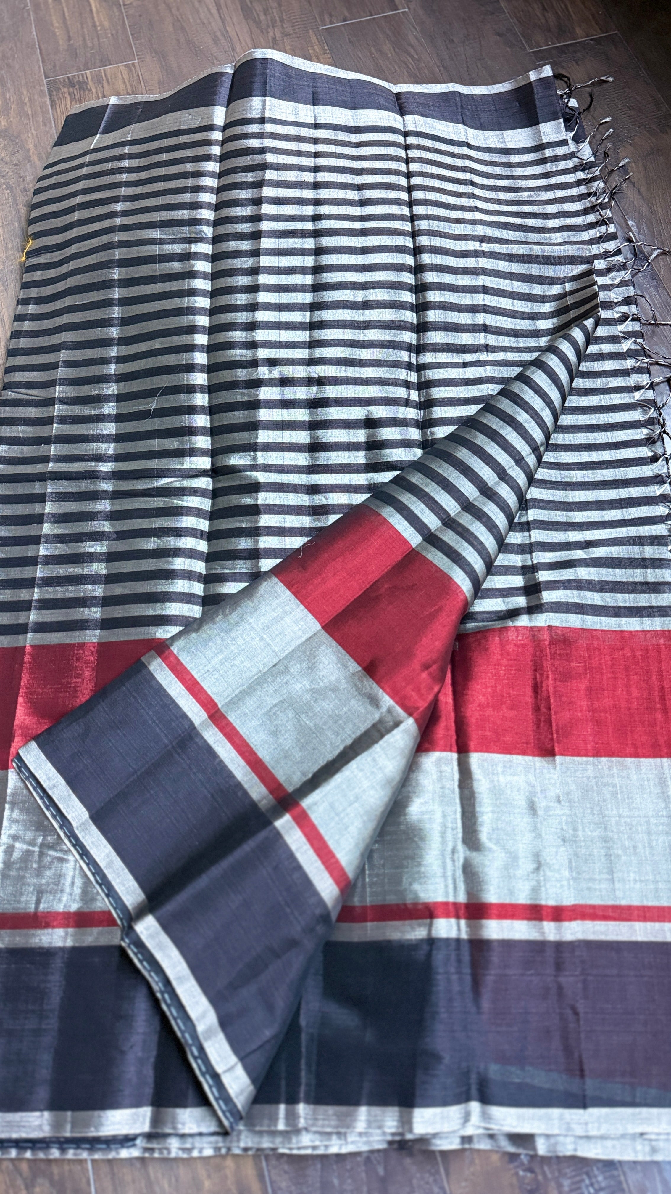 Chanderi Tissue Silk - Black Golden Red woven