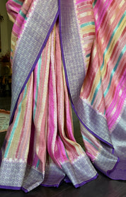 Khaddi Tussar Banarasi -  Pink Multi color Purple