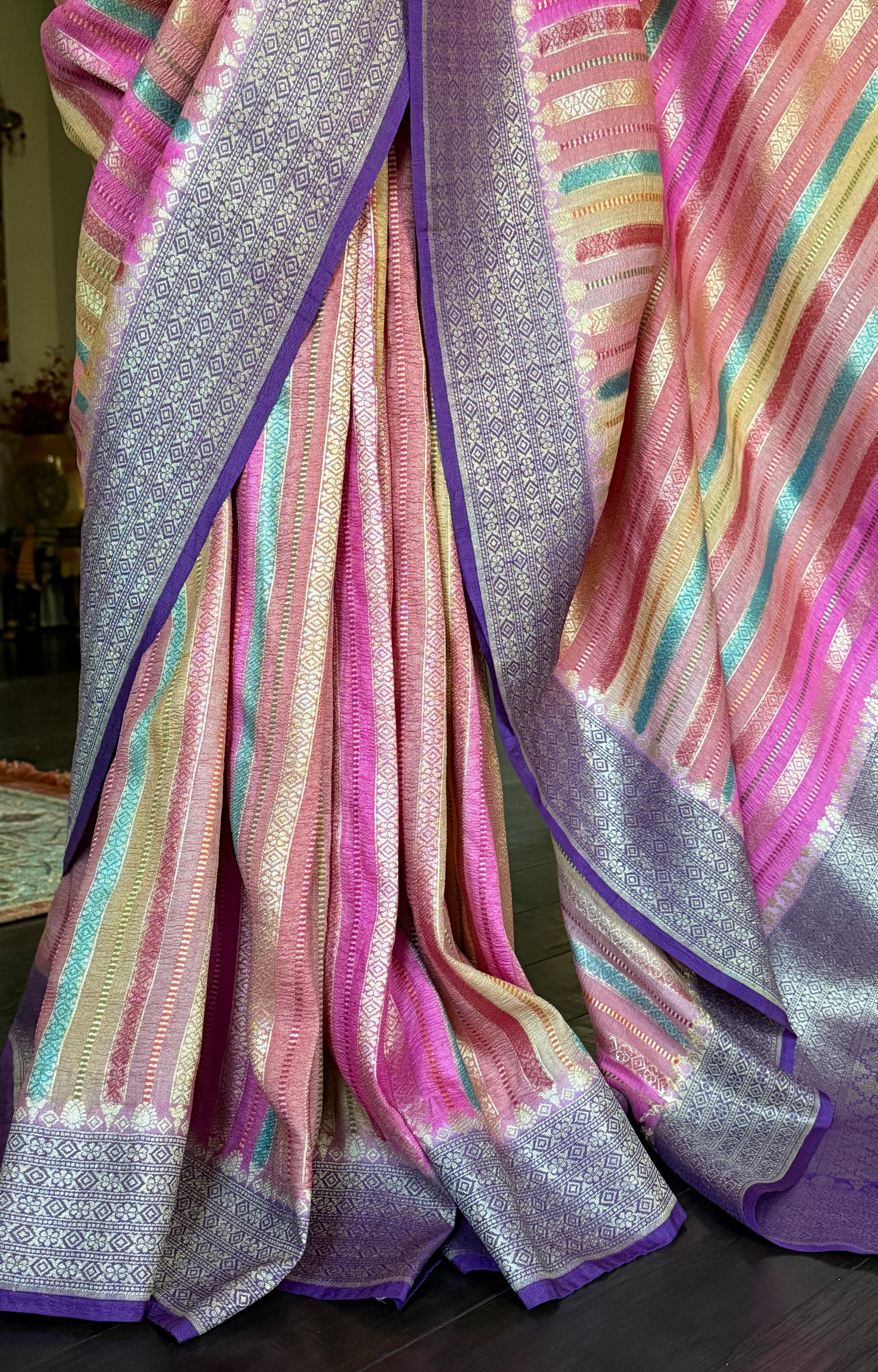 Khaddi Tussar Banarasi -  Pink Multi color Purple