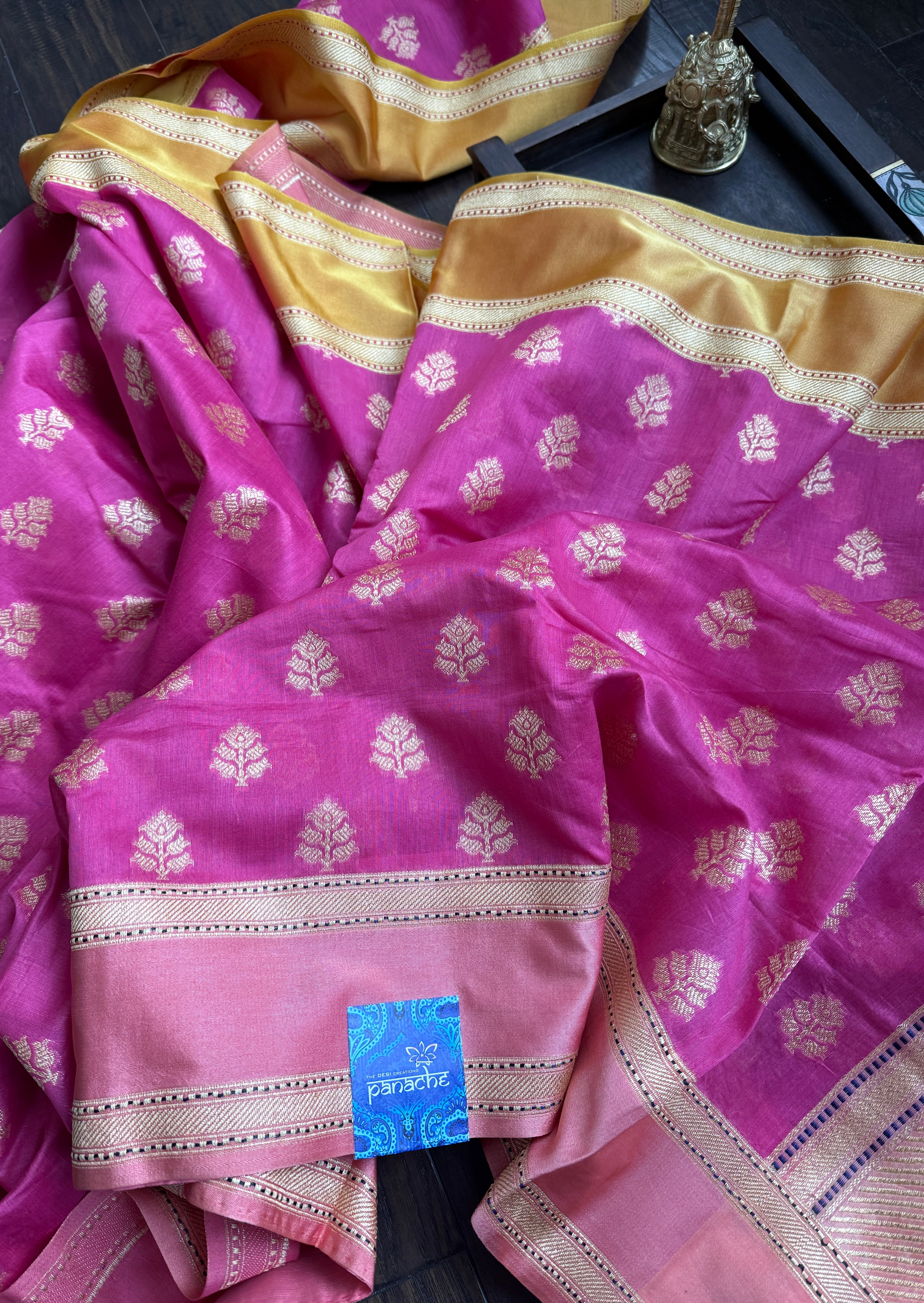 Pure Cotton Banarasi Satin border - Pink Ganga Yamuna Woven