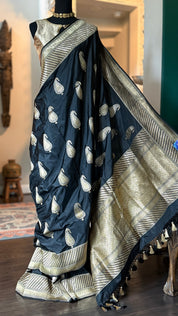 Pure Katan Silk Banarasi - Black Zari Paiesley