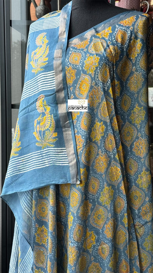 Ajrakh Printed Muga Silk - Blue Grey