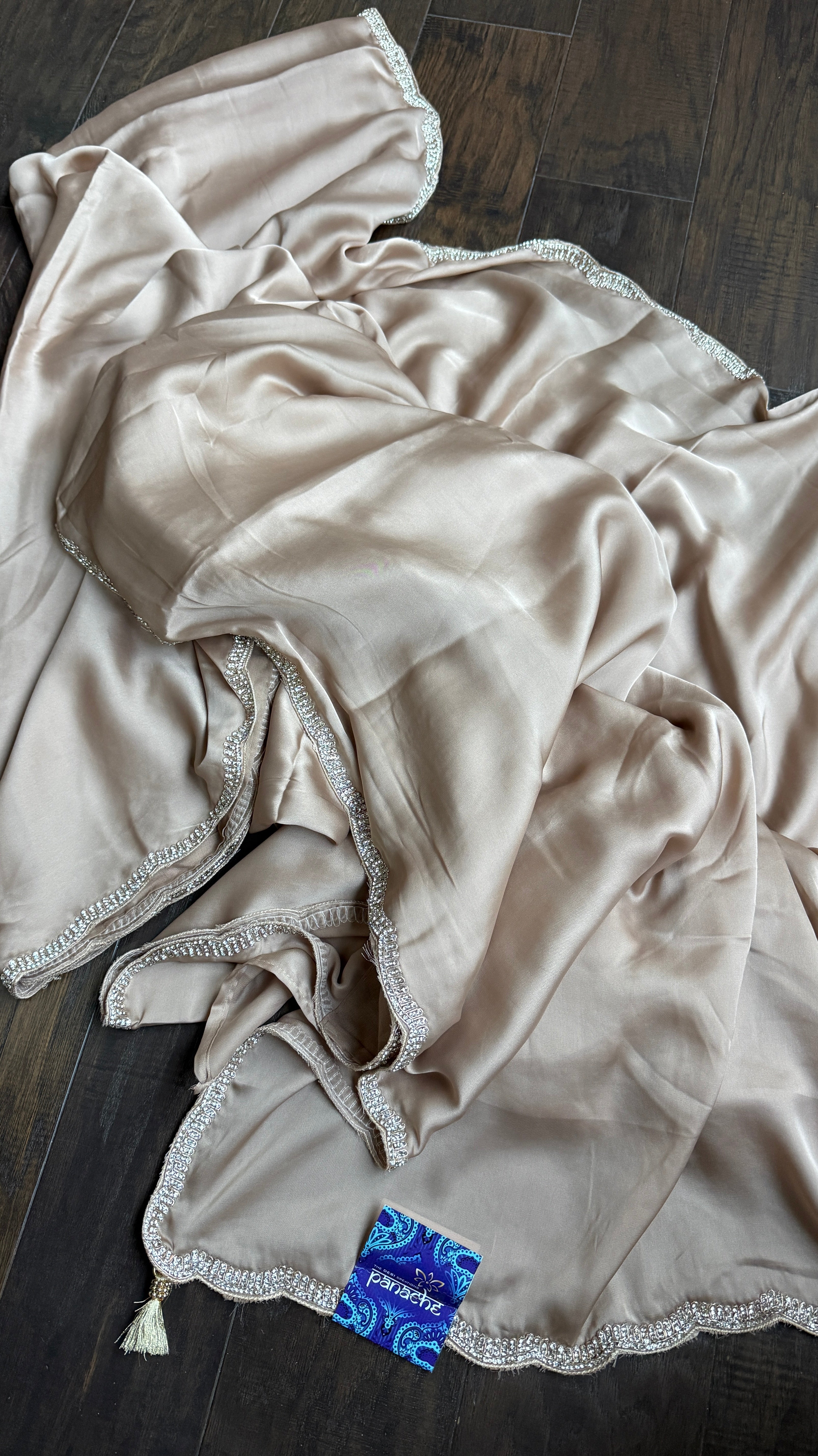 Designer Satin Silk - Light Mocha Stone Border