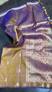 Pure Katan Silk Banarasi - Brown Purple Dual Shaded