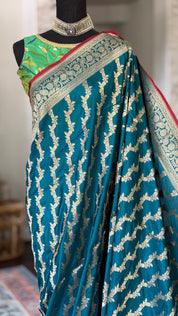 Katan Silk Leheriya Banarasi - Teal Blue Antique Zari