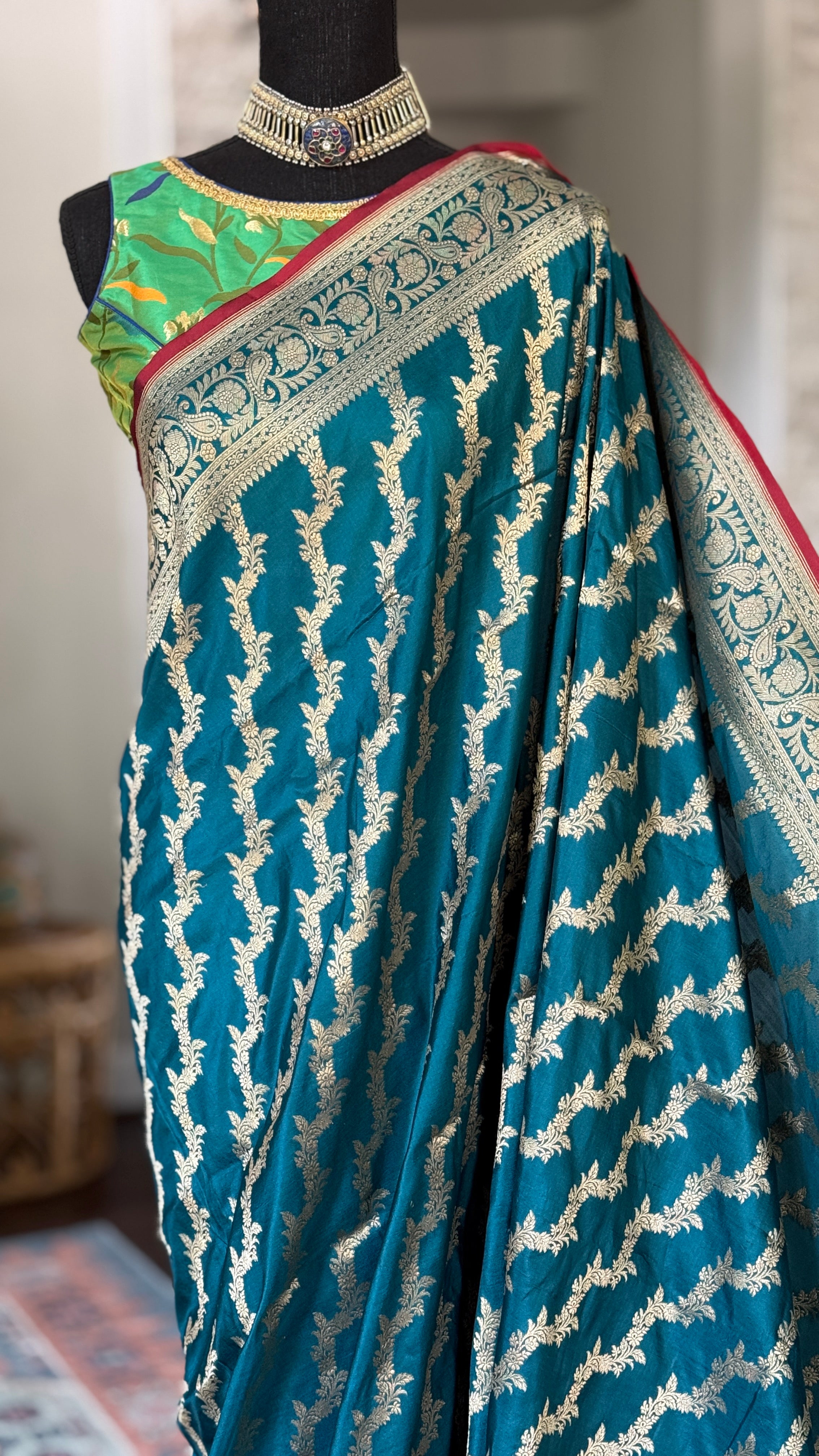 Katan Silk Leheriya Banarasi - Teal Blue Antique Zari
