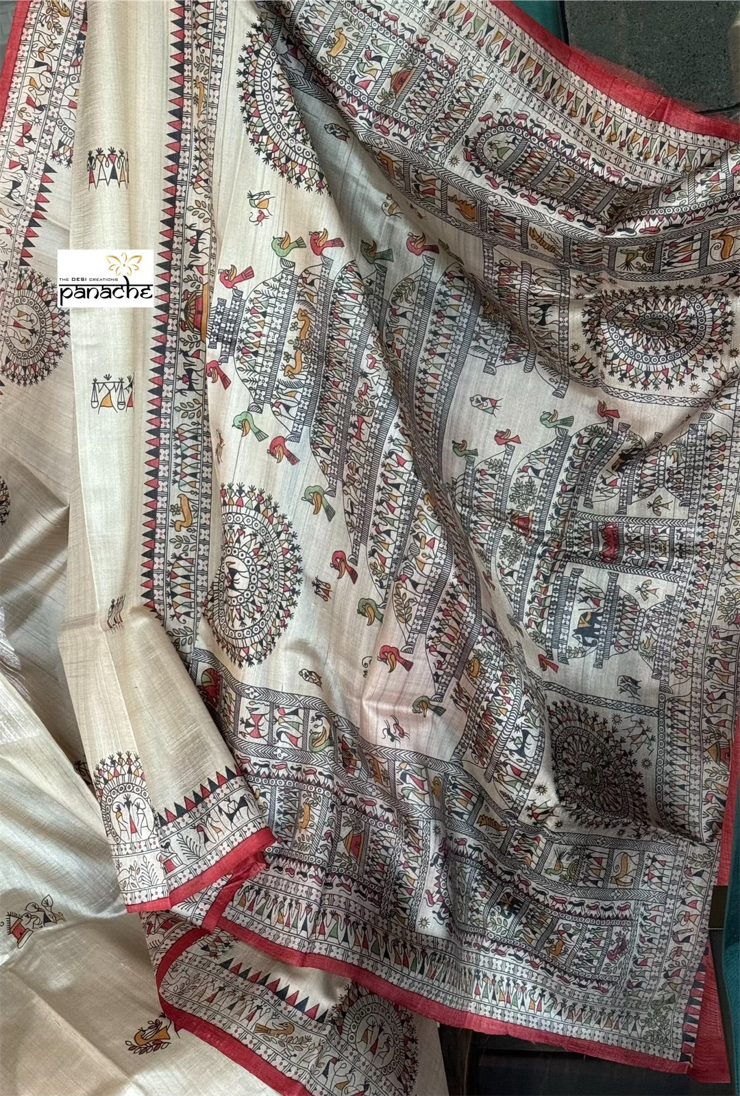 Pure Tussar Silk - Beige Worli Printed