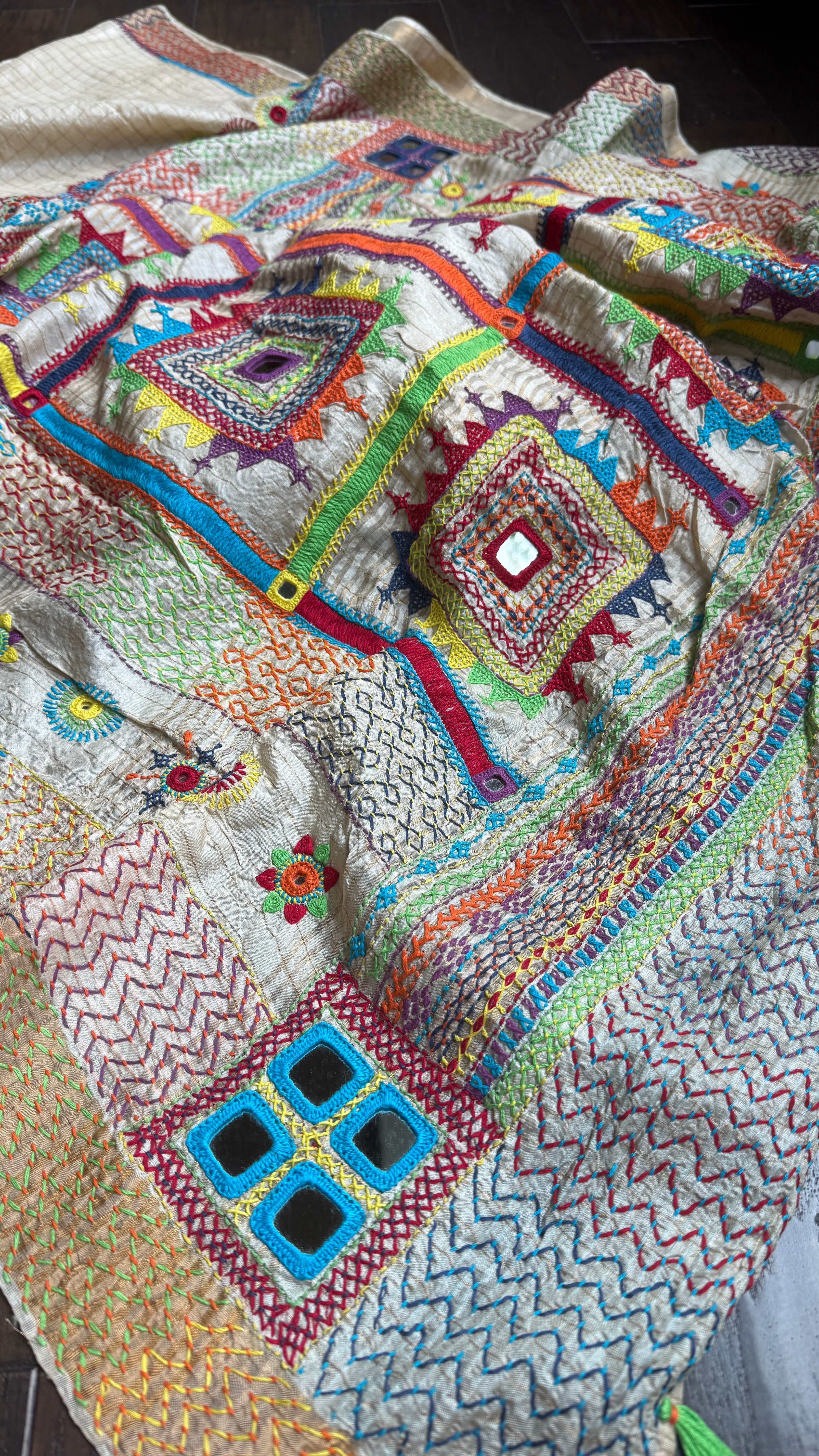 Pure Tussar Silk Lambani - Beige Zari Checks Hand Embroidered
