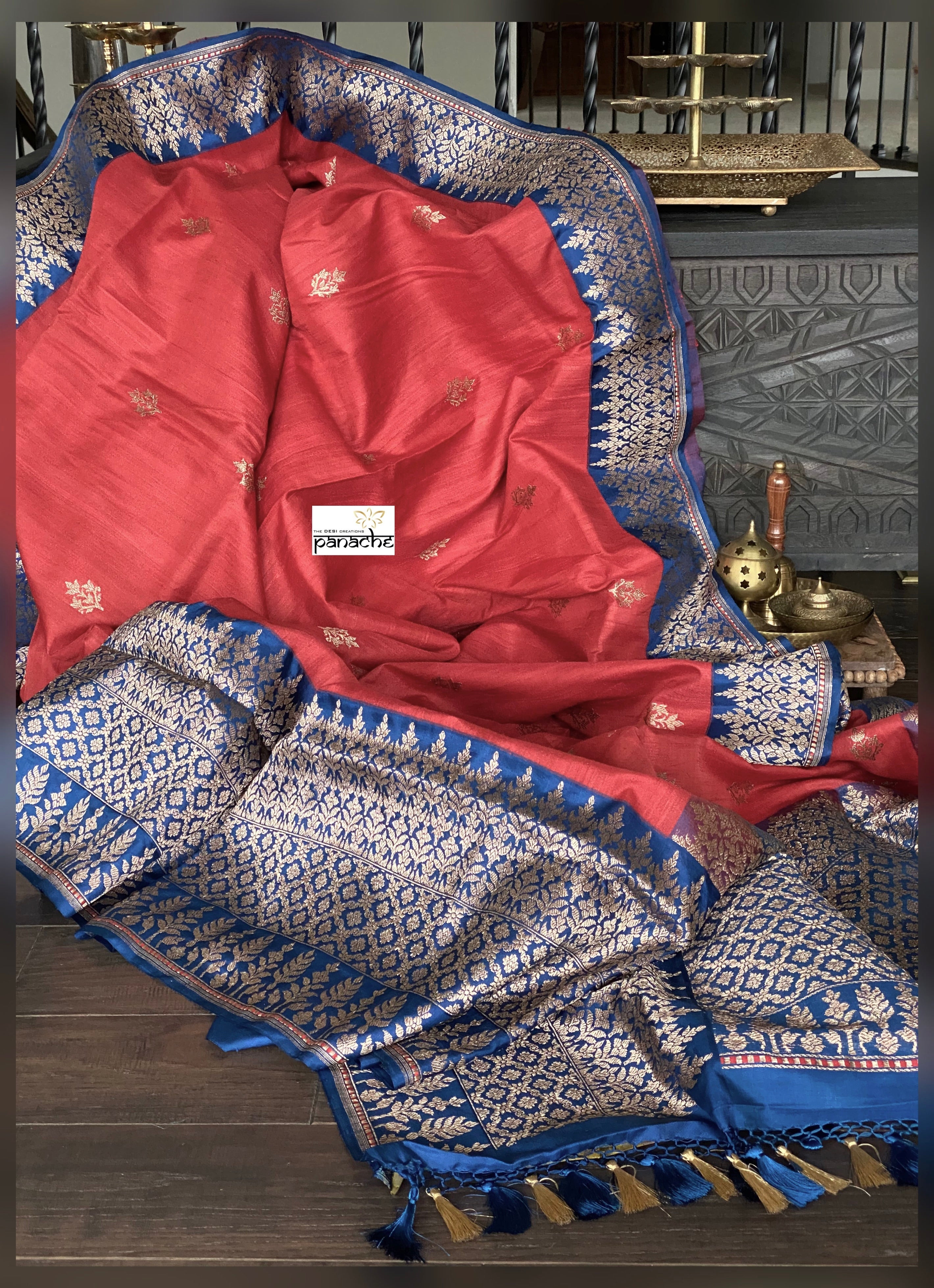 Pure Tassur Silk Banarasi - Red Blue