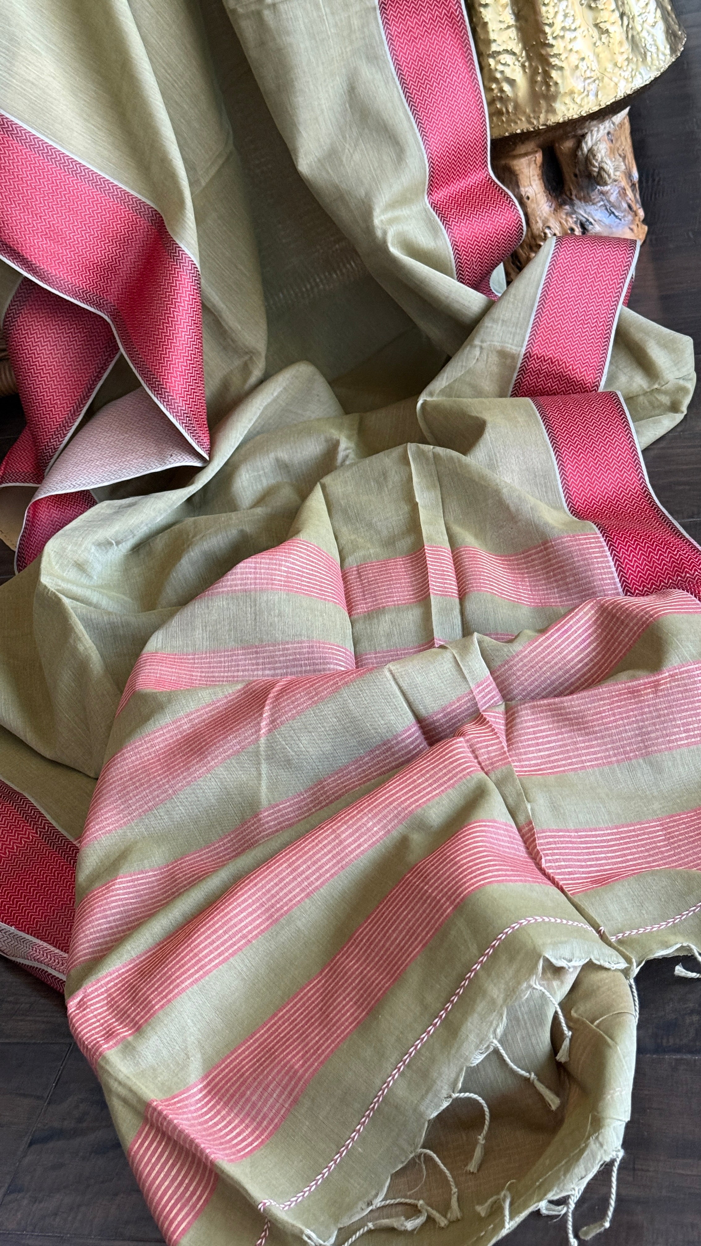 Pure Khadi Cotton Handloom - Moss Grey Red