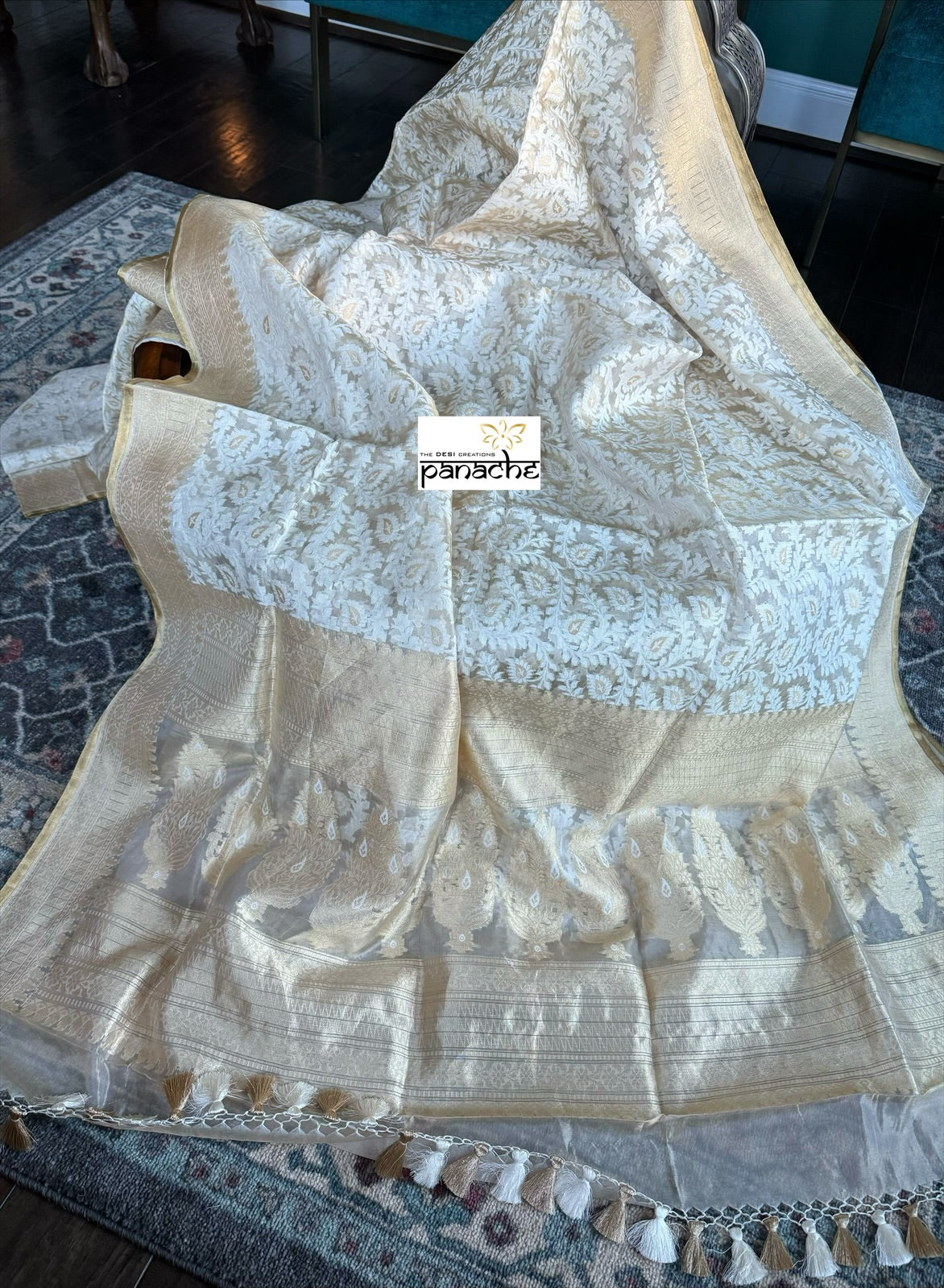 Pure Tissue Kora Silk Banarasi - Off White Golden Antique Zari