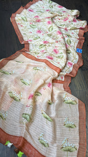 Linen Digital Print - Light Peach Green Pichwai