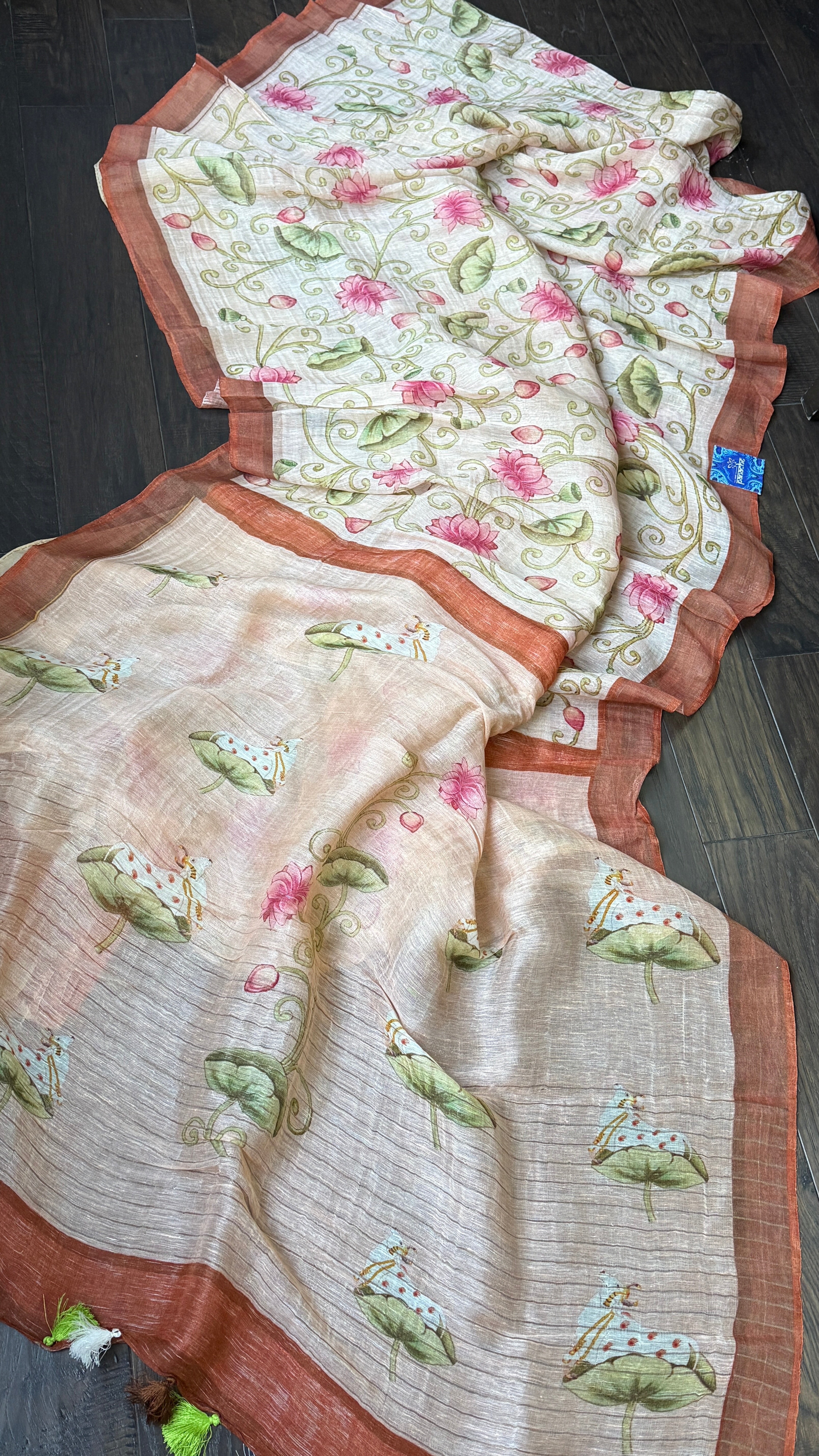 Linen Digital Print - Light Peach Green Pichwai