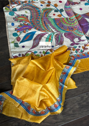 Pure Tussar Silk Sujni Kantha Stitch -  Yellow Peacock