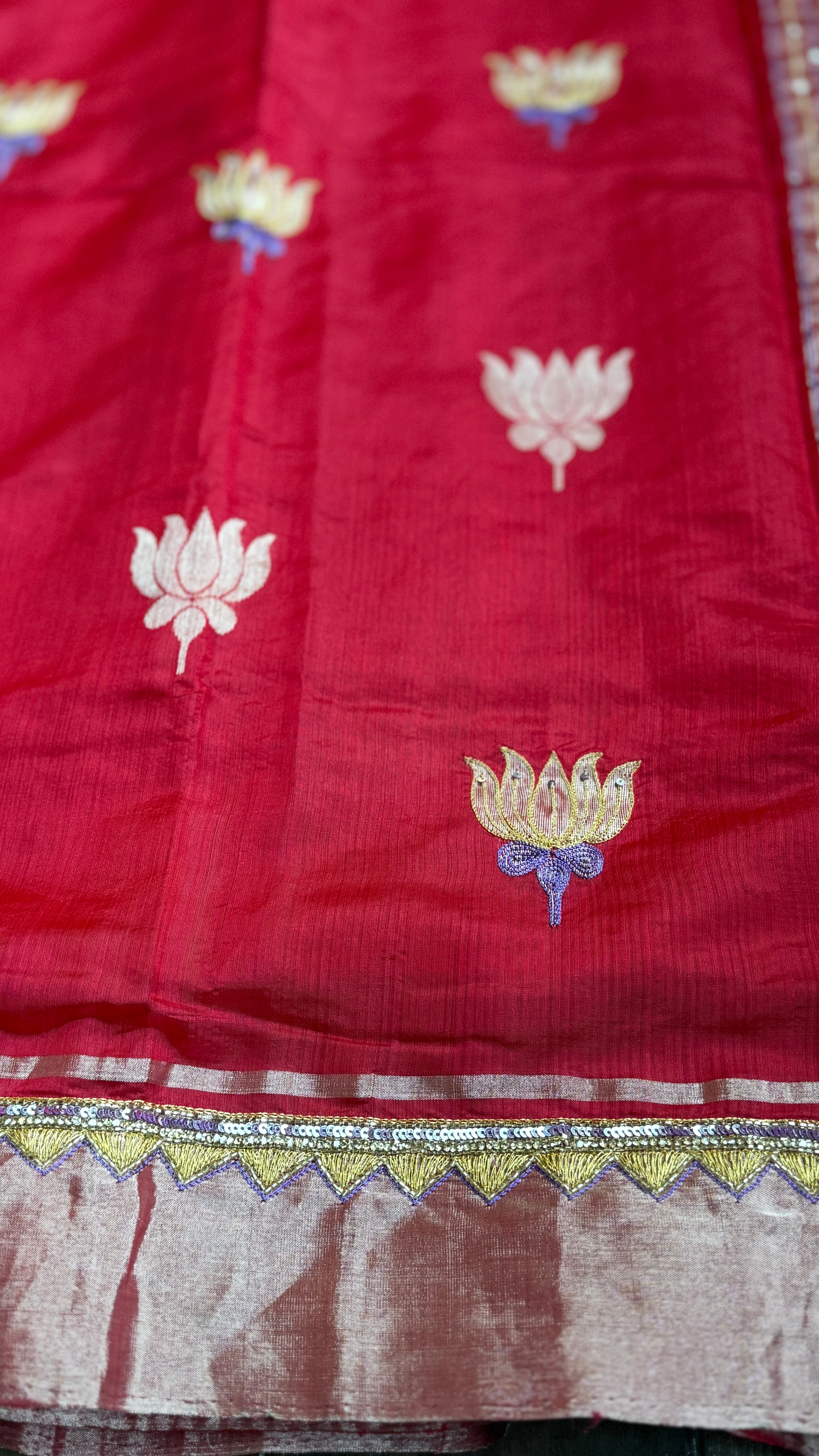 Hand Zardozi Pure Chanderi Pattu Silk - Red Eknaliya Woven
