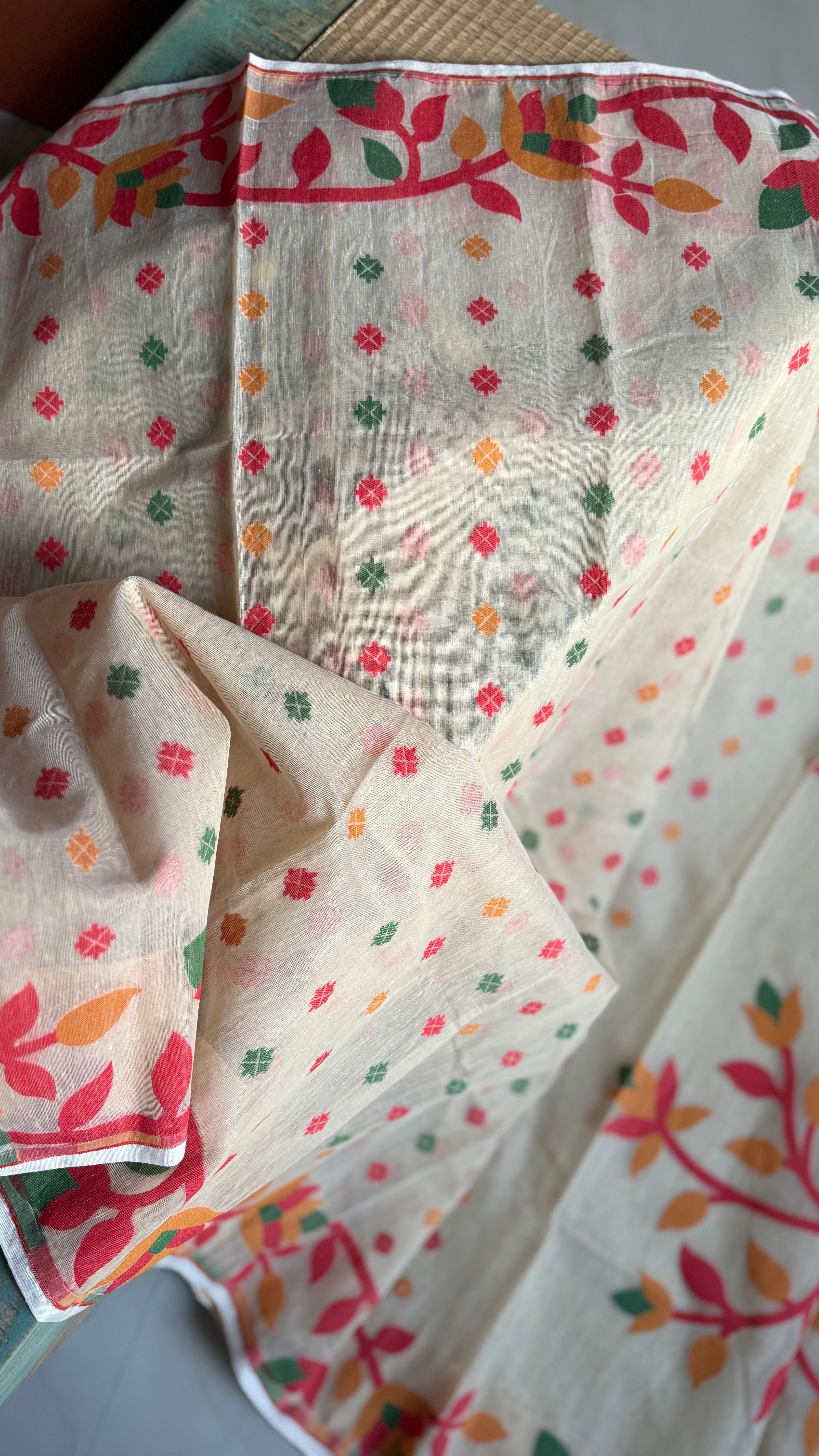 Cotton Jamdaani  - Beige Red Multi Colored 2