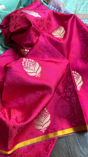 Designer Pure Silk Mashru Tanchoi Banarasi- Dark Magenta Yellow