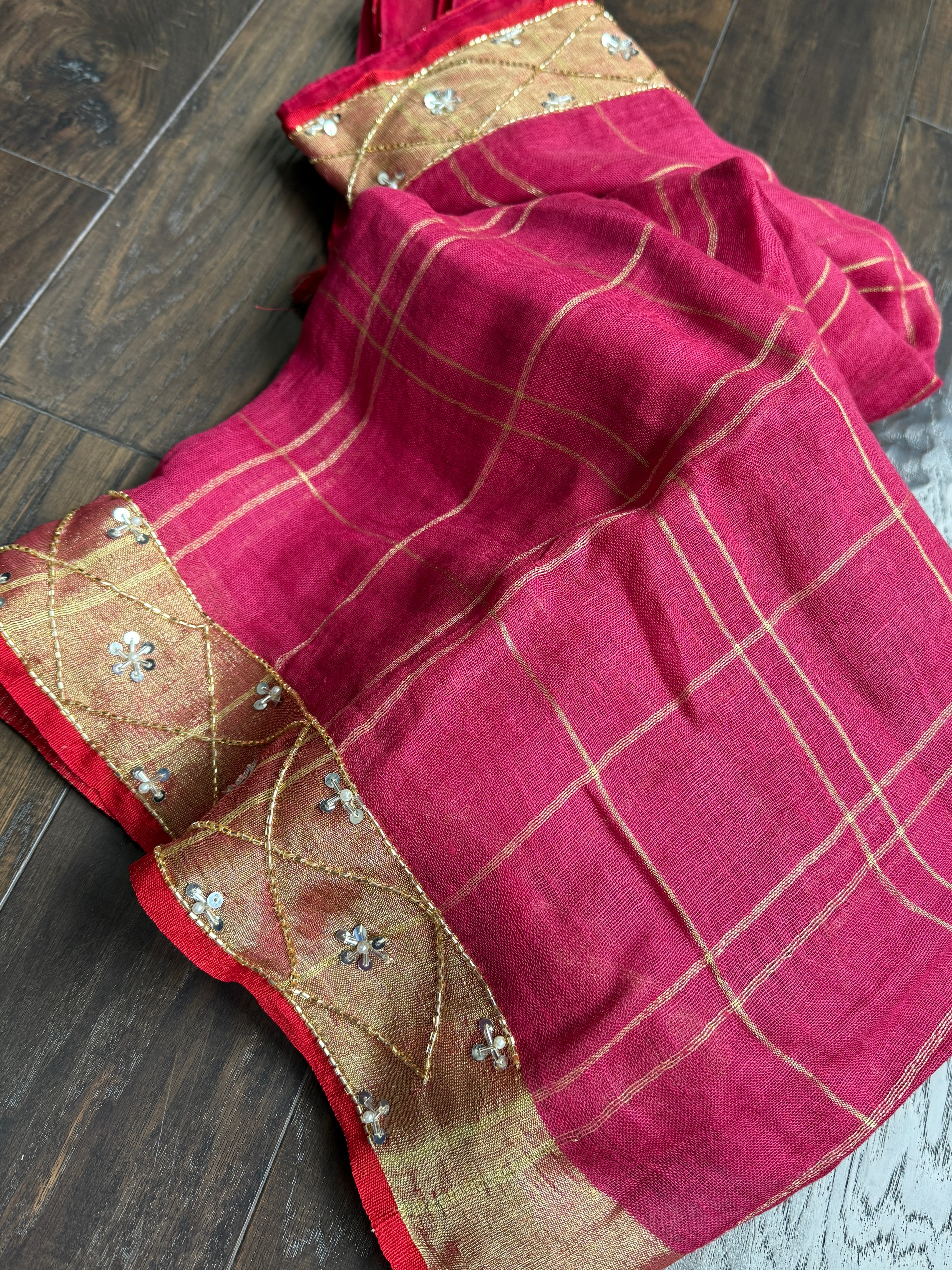 Designer Linen Sequin Embroidered - Pink Checkered