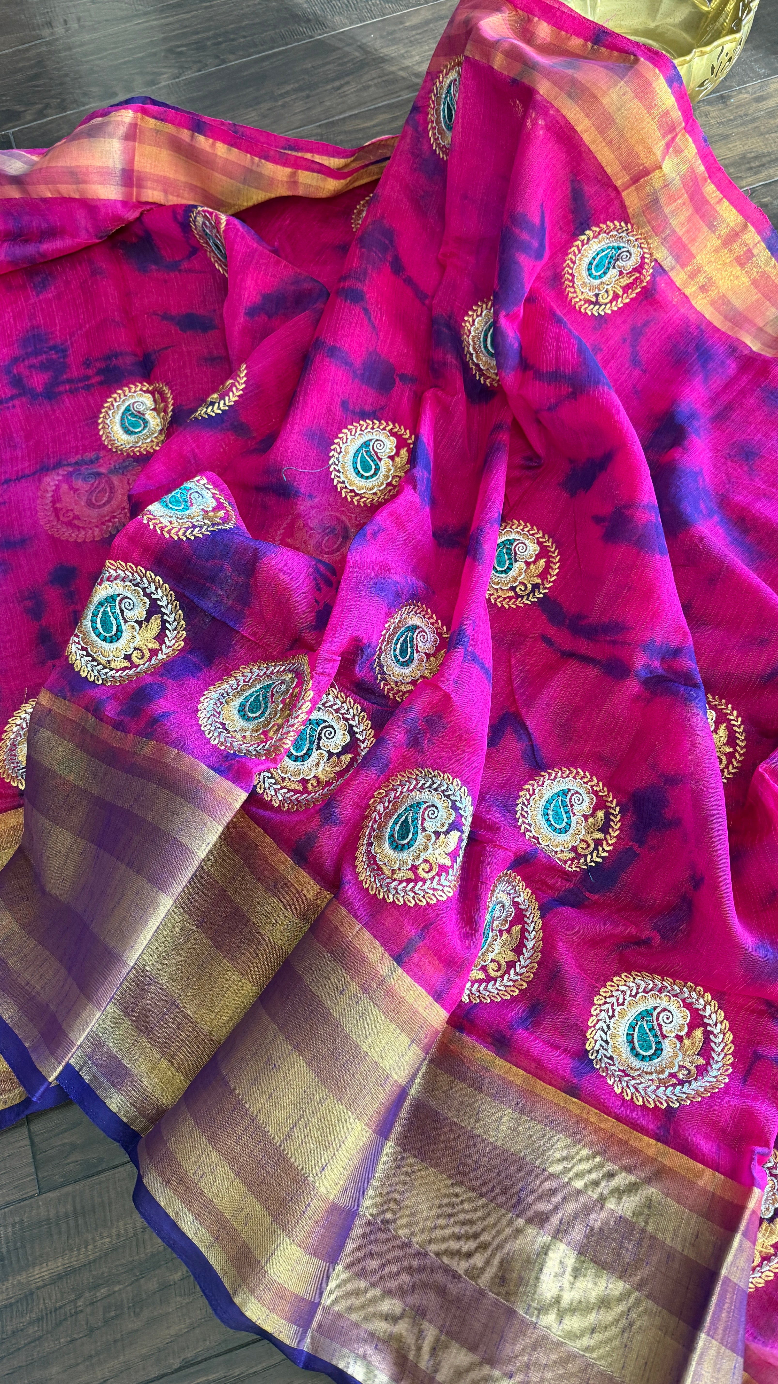 Soft Dupion Tie-Dye Saree - Pink Blue