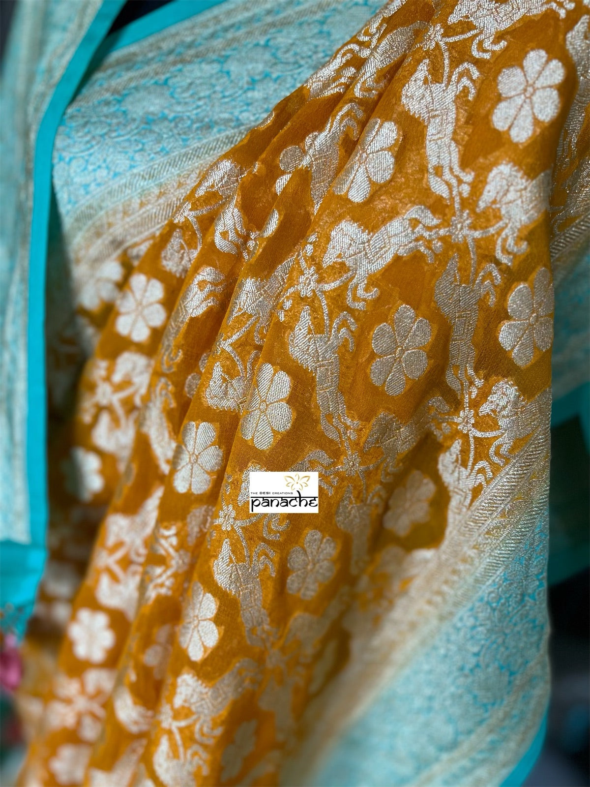 Khaddi Georgette Banarasi - Burnt Yellow Gold Sea Green