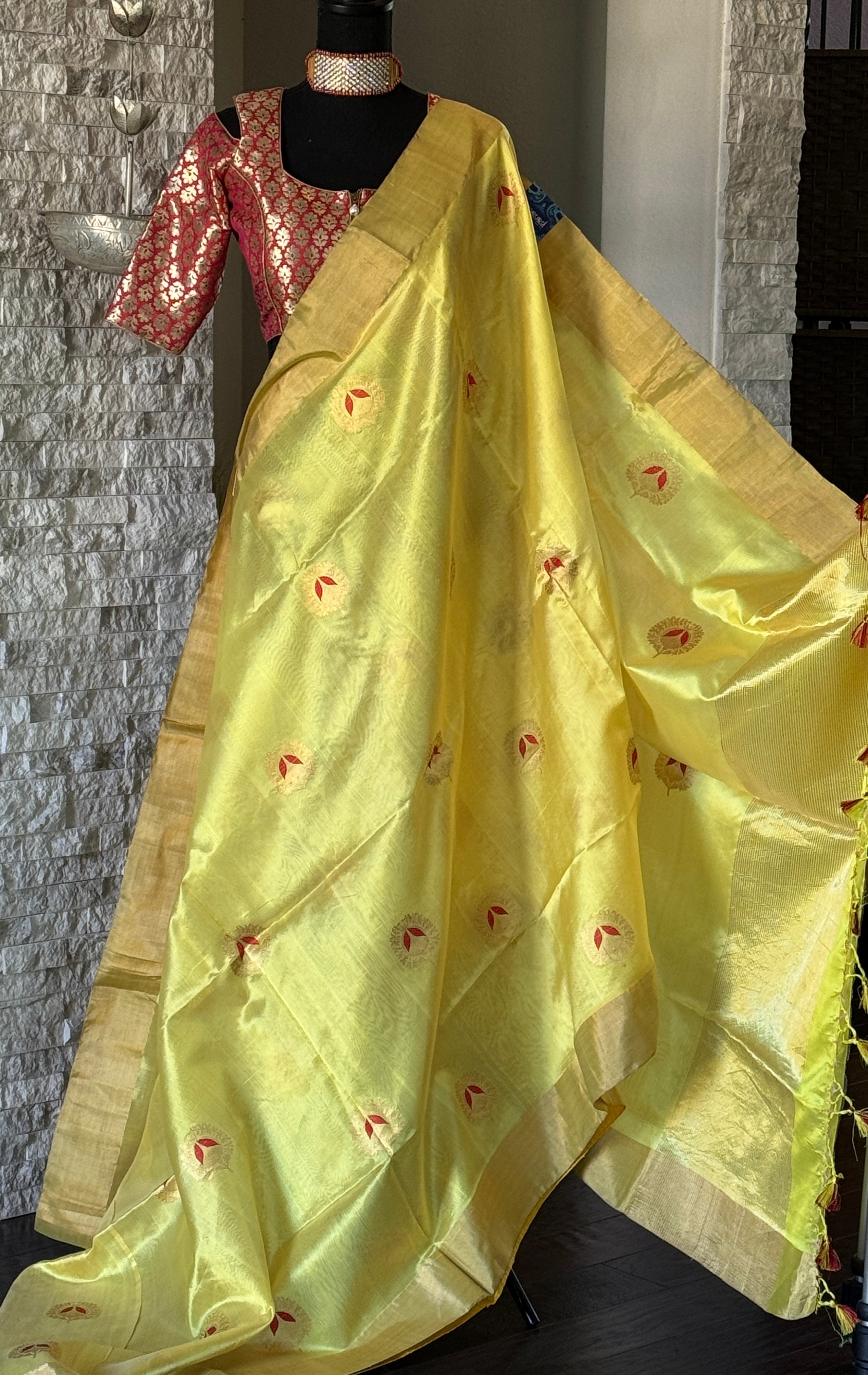 Pure Chanderi Silk - Yellow Red Eknaliya Woven