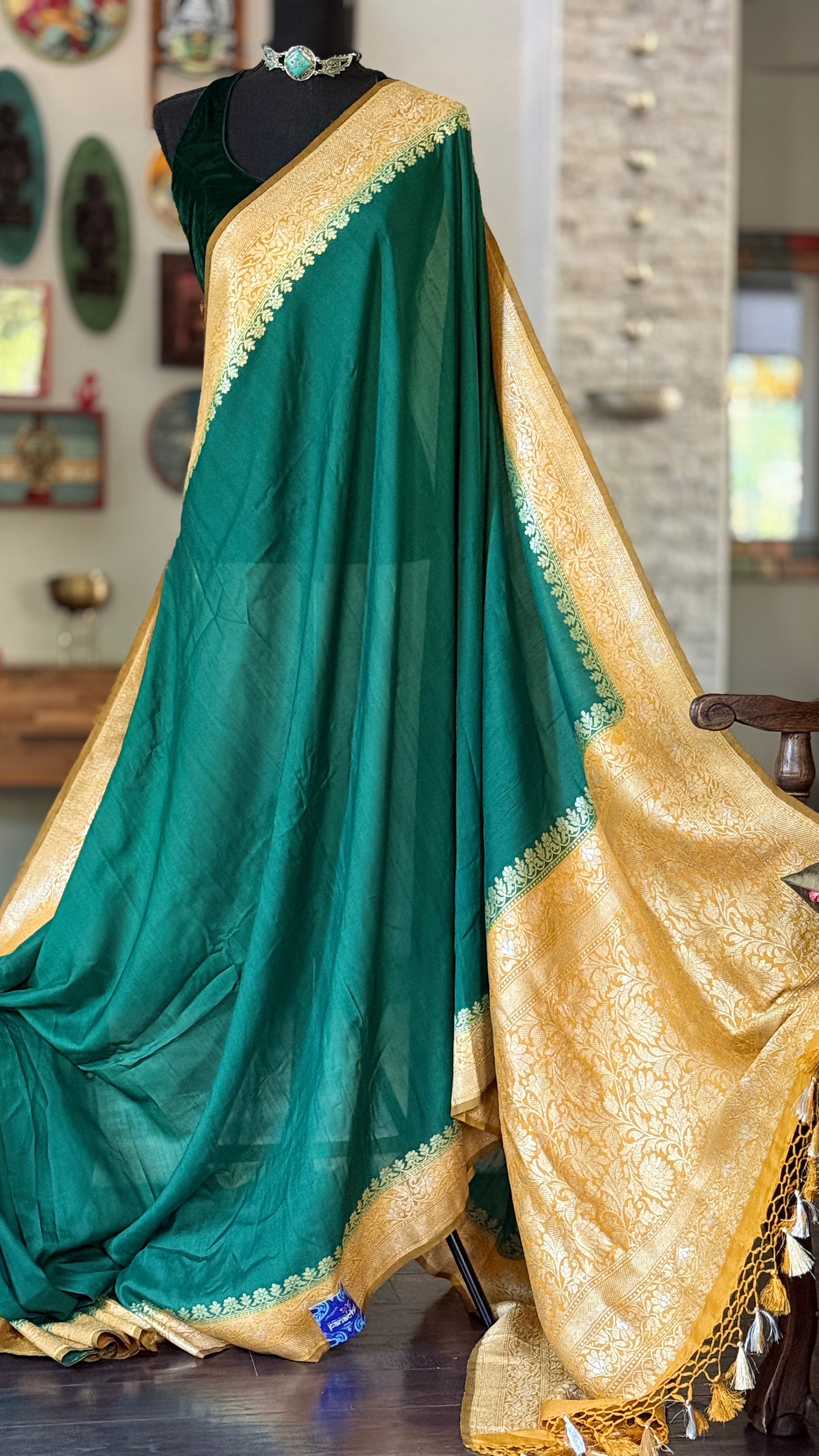 Tussar Georgette Banarasi- Navy Blue Ochre Yellow