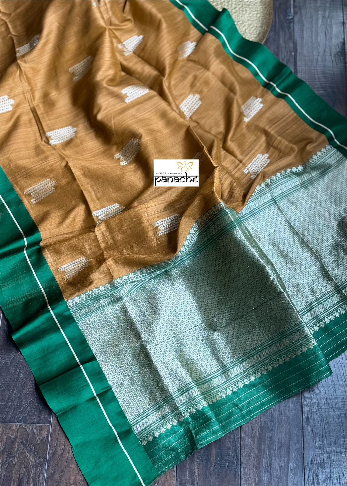 Tussar Silk Banarasi - Ochre Brown Green Antique Zari