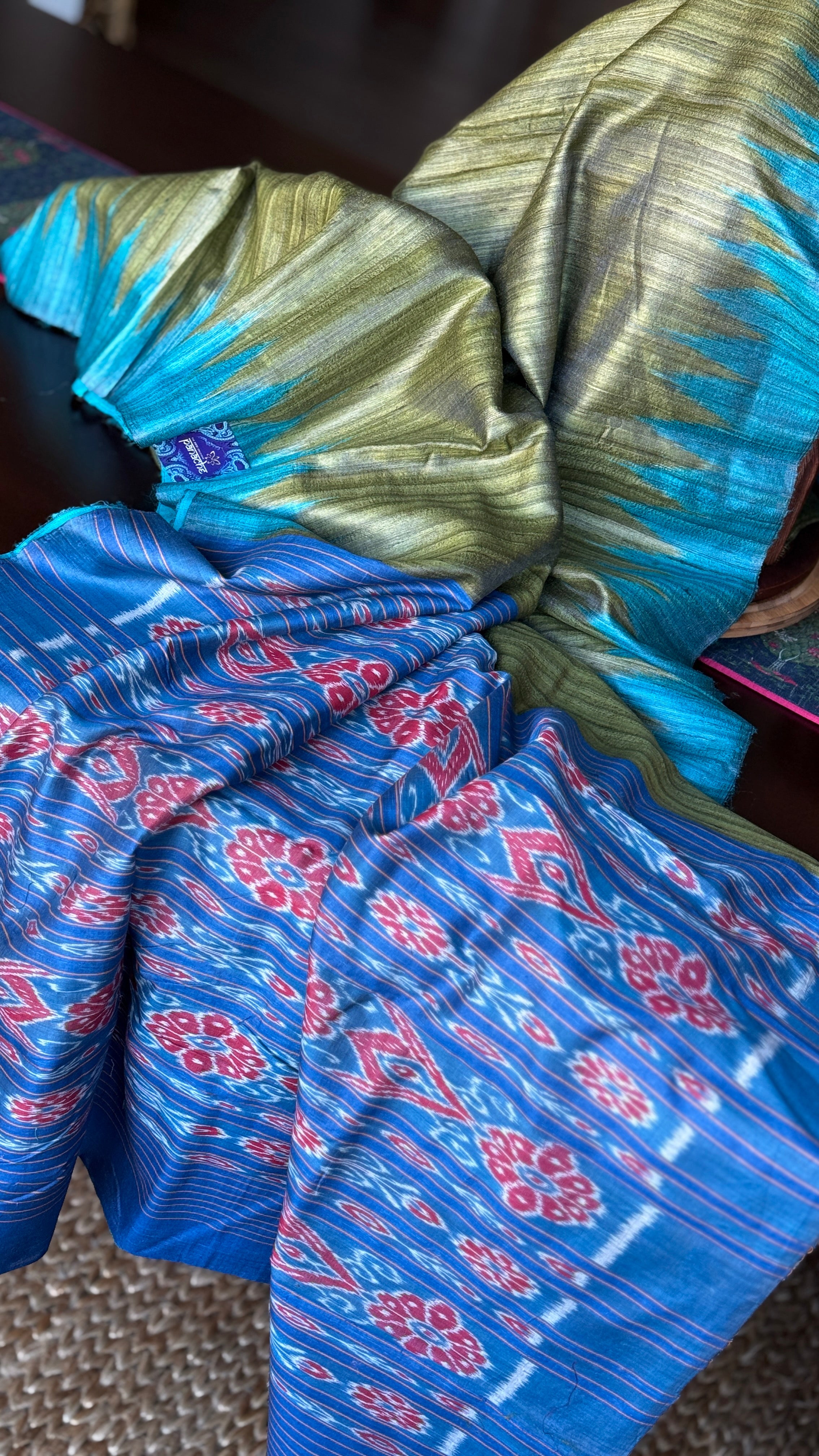 Gopalpur Tussar Silk Ikat - Henna green Blue