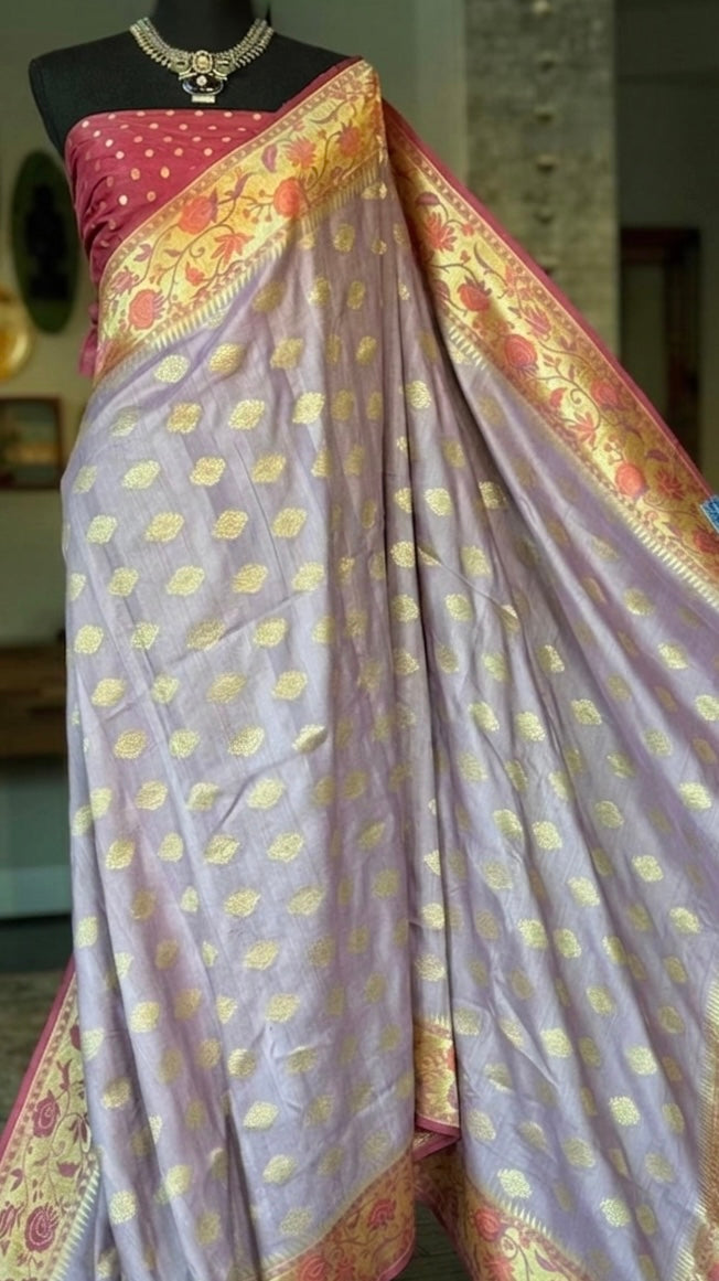 Khaddi Tussar Banarasi -  Light Purple Mauve Tilfi Antique Zari