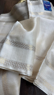 Pure Tussar Silk - Cream Beige Golden Zari Woven3