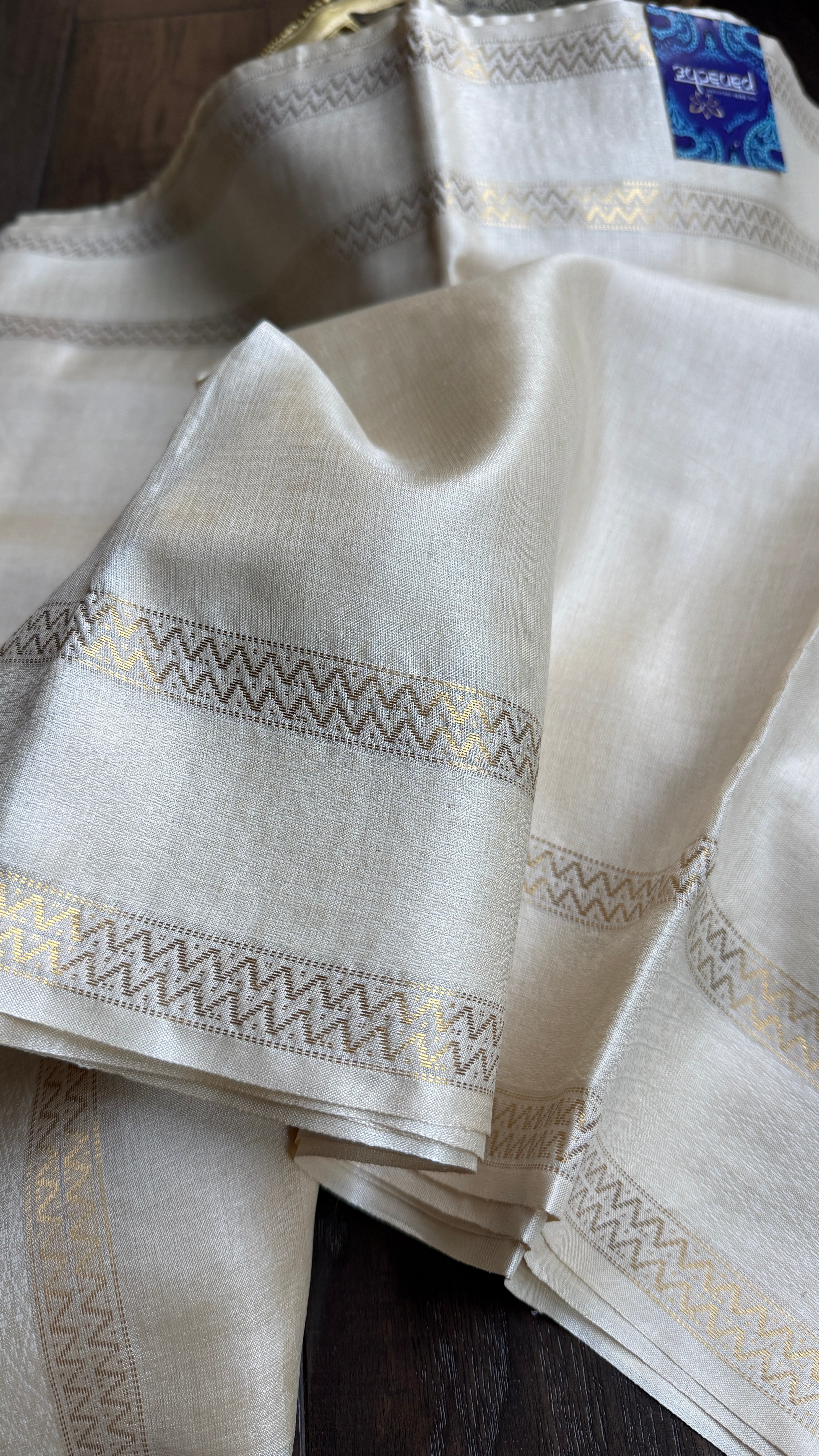 Pure Tussar Silk - Cream Beige Golden Zari Woven3